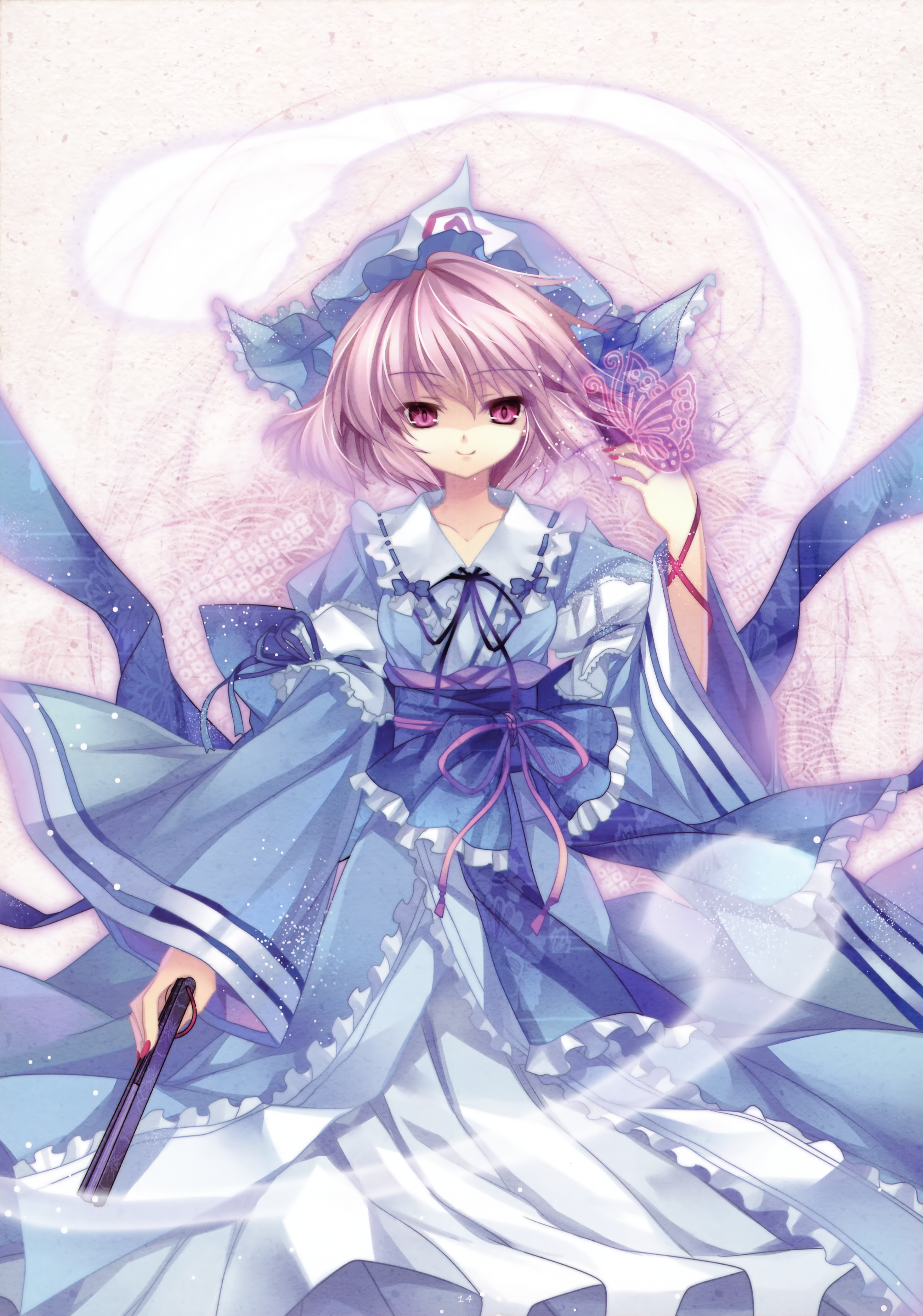 capura lin, saigyouji yuyuko, touhou, absurdres, highres, huge filesize, 1girl, bug, butterfly, female focus, folded fan, folding fan, hand fan, hat, pink hair, red eyes, short hair, solo