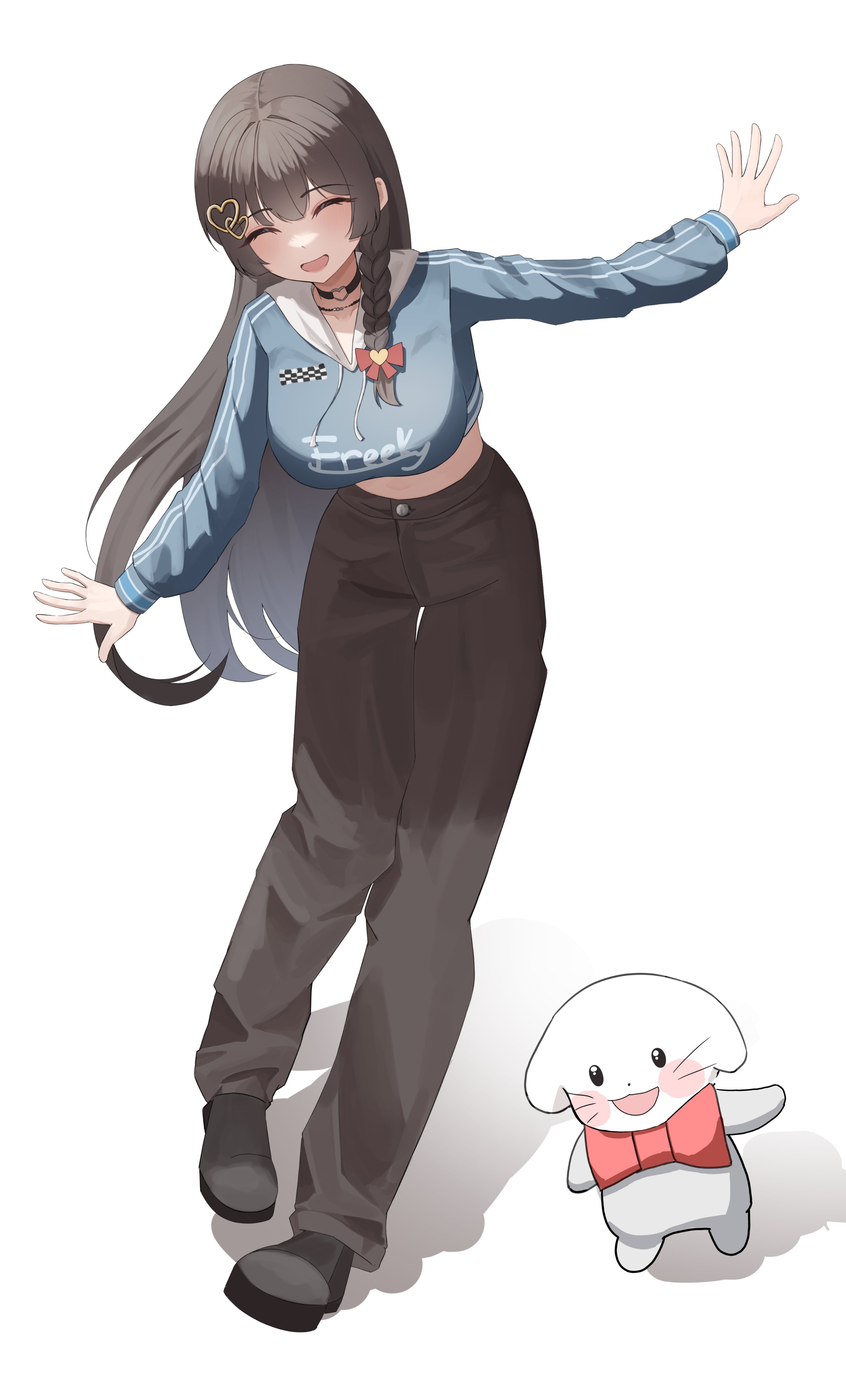 shirayuki hina, stellive, absurdres, hashtag-only commentary, highres, 1girl, ^ ^, black choker, black hair, black pants, black shoes, blue hoodie, bow, braid, breasts, choker, closed eyes, creature, crop top, cropped hoodie, full body, haedungi (shirayuki hina), hair bow, hair ornament, heart, heart hair ornament, heart o-ring, hood, hood down, hoodie, ishi bap burger, large breasts, leaning forward, long hair, long sleeves, o-ring, o-ring choker, open mouth, outstretched arms, pants, print hoodie, red bow, shoes, simple background, smile, solo, spread arms, standing, straight hair, virtual youtuber, white background