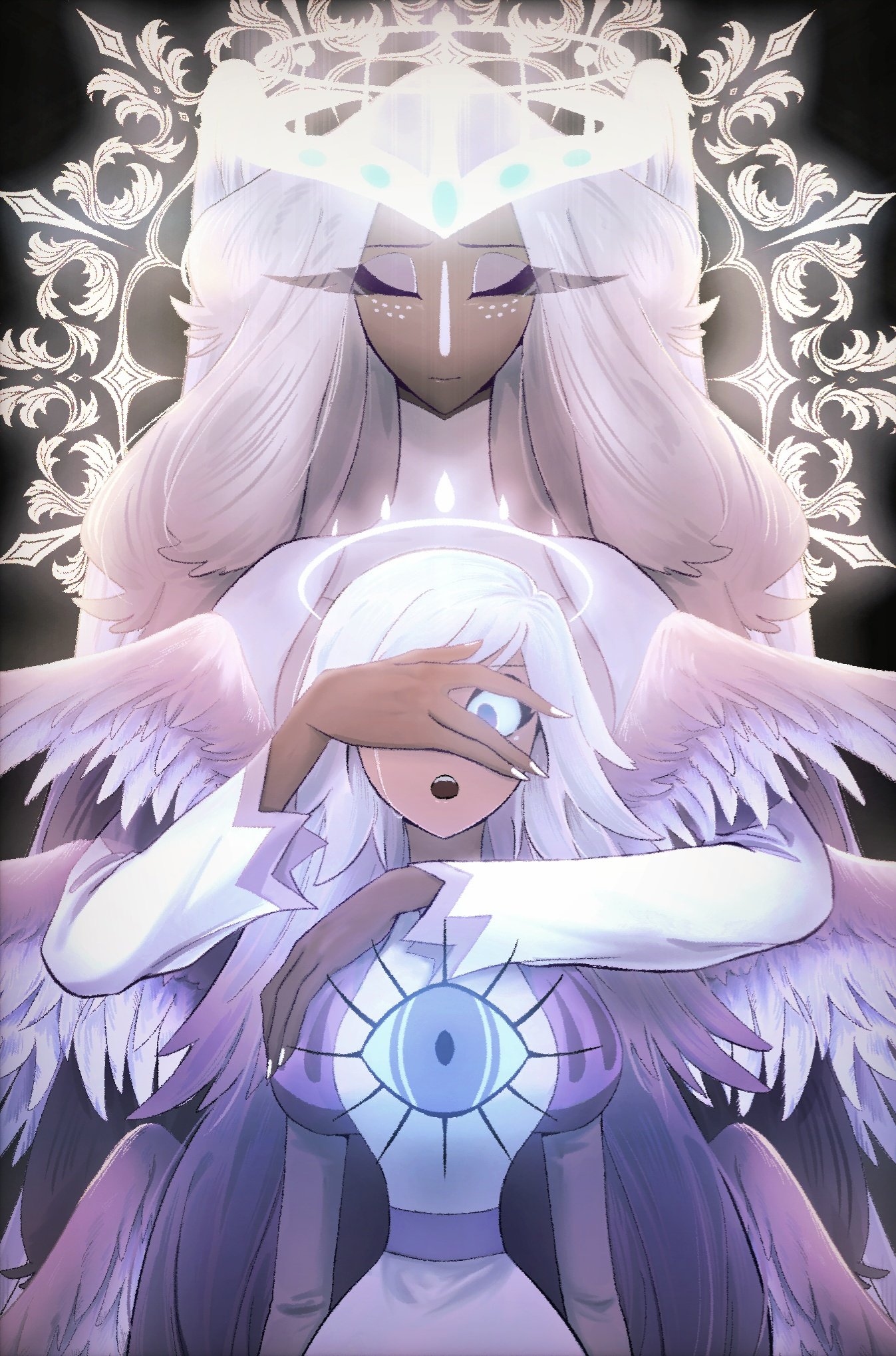 emily (hazbin hotel), sera (hazbin hotel), hazbin hotel, hellaverse, highres, 2girls, angel, angel wings, blue sclera, closed eyes, colored sclera, colored skin, covering another's eyes, dress, feathered wings, freckles, glowing, glowing halo, grey skin, halo, hug, hug from behind, i1i1i1i1i1, long eyelashes, long hair, looking at viewer, multiple girls, multiple wings, open mouth, puffy short sleeves, puffy sleeves, short sleeves, single tear, third eye on chest, very long hair, wavy hair, white nails, wings