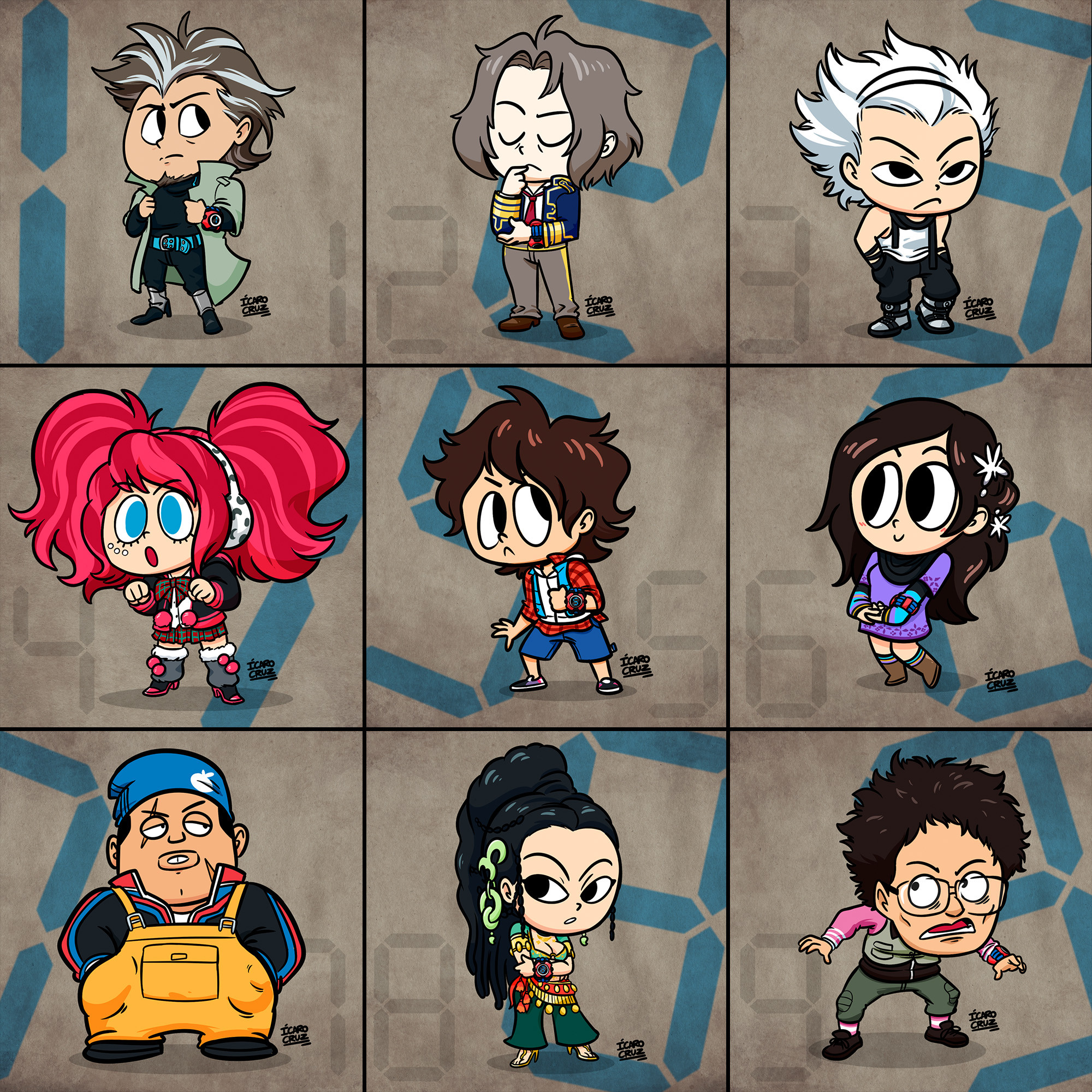 ikarokruz, ichimiya (kyokugen dasshutsu), junpei (kyokugen dasshutsu), kurashiki akane, nakano yotsuba, niels (kyokugen dasshutsu), ninth man (kyokugen dasshutsu), santa (kyokugen dasshutsu), seven (kyokugen dasshutsu), yashiro (kyokugen dasshutsu), kyokugen dasshutsu, kyokugen dasshutsu: 9 jikan 9 nin 9 no tobira, commentary, english commentary, highres, 3girls, 5boys, :<, adjusting jacket, aqua belt, aqua eyes, aqua vest, belt, black eyes, black hair, black jacket, black pants, black shirt, black shoes, blue jacket, blue shorts, boots, bow, breasts, brown boots, brown hair, brown shoes, chibi, chibi only, cleavage, clenched hand, closed eyes, closed mouth, crossed arms, drawstring, dress, earmuffs, eyelashes, facial hair, facial mark, facial scar, flannel, flower, full body, glasses, goatee, green pants, grey background, grey boots, grey hair, grey jacket, grey leg warmers, grey pants, grey socks, grey vest, hair flower, hair intakes, hair ornament, hand on own chin, hands in pockets, high heels, hood, hoodie, jacket, leg warmers, lips, long hair, long sleeves, lower teeth only, mature male, multicolored hair, multiple boys, multiple girls, necktie, open clothes, open jacket, open mouth, open vest, overalls, own hands together, pants, pink hair, pink shirt, plaid bow, plaid clothes, plaid skirt, pom pom (clothes), pom pom drawstring, ponytail, purple dress, red hair, red necktie, red shirt, red shoes, scar, scar across eye, scar on cheek, scar on face, scared, seven-segment display, shirt, shoes, short hair, shorts, signature, skirt, smile, socks, standing, teeth, toon (style), twintails, two-tone hair, vest, watch, white hair, white hoodie, white shirt, wristwatch, yellow overalls