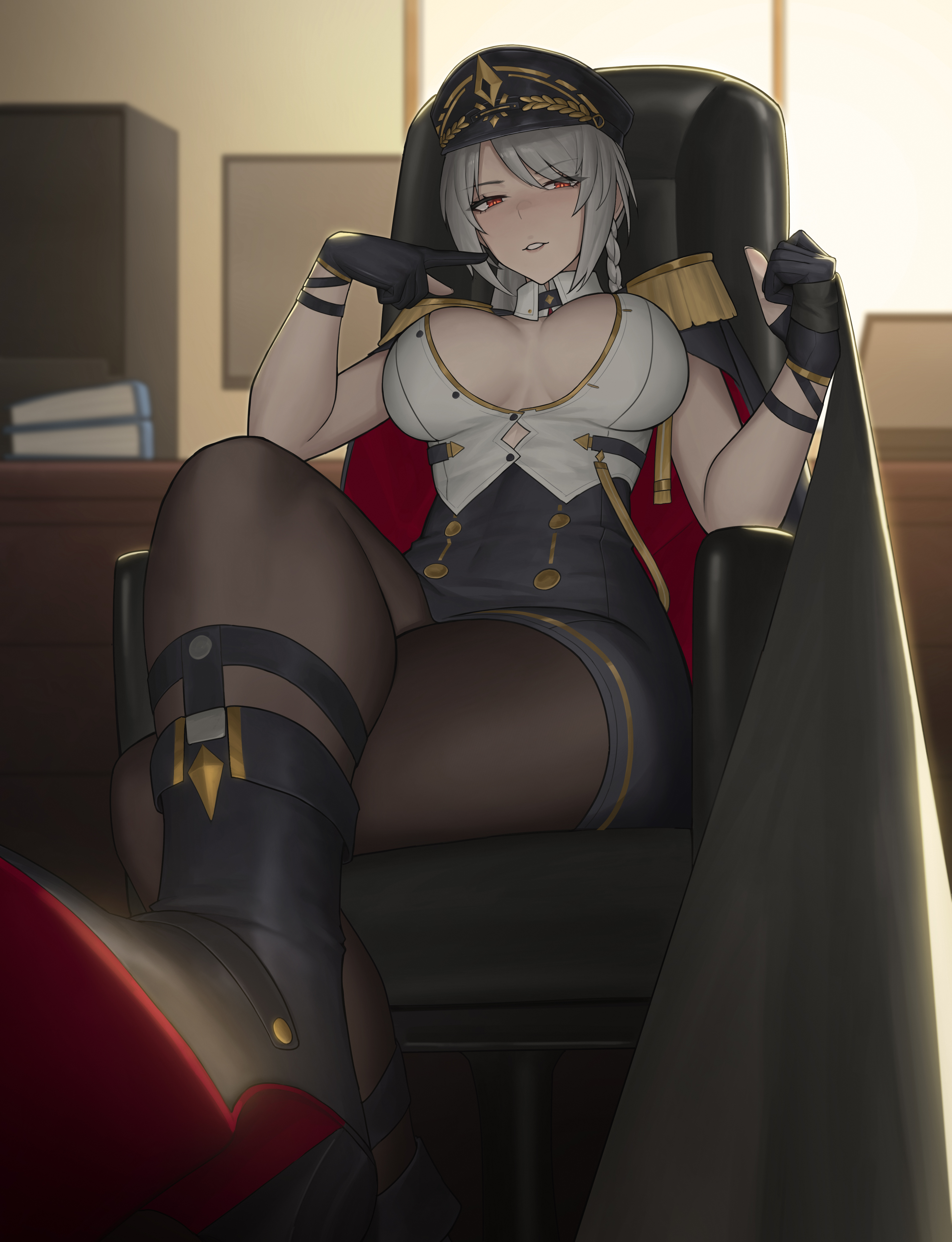 sa-baaa, nerida – styx envoy (dawn's command), nerida morozova, snowbreak: containment zone, absurdres, chinese commentary, commentary request, highres, 1girl, black boots, black cape, black gloves, black pantyhose, black skirt, boots, braid, breasts, cape, chair, cleavage, computer, crossed legs, epaulettes, gloves, grey hair, hair between eyes, hat, high-waist skirt, holding, holding leash, indoors, knee boots, large breasts, leash, long hair, looking at viewer, military hat, military uniform, official alternate costume, on chair, pantyhose, parted lips, partially unbuttoned, peaked cap, pencil skirt, pov, red cape, red eyes, shirt, sidelocks, sitting, skirt, sleeveless, sleeveless shirt, solo, swept bangs, table, two-sided cape, two-sided fabric, viewer on leash, white shirt