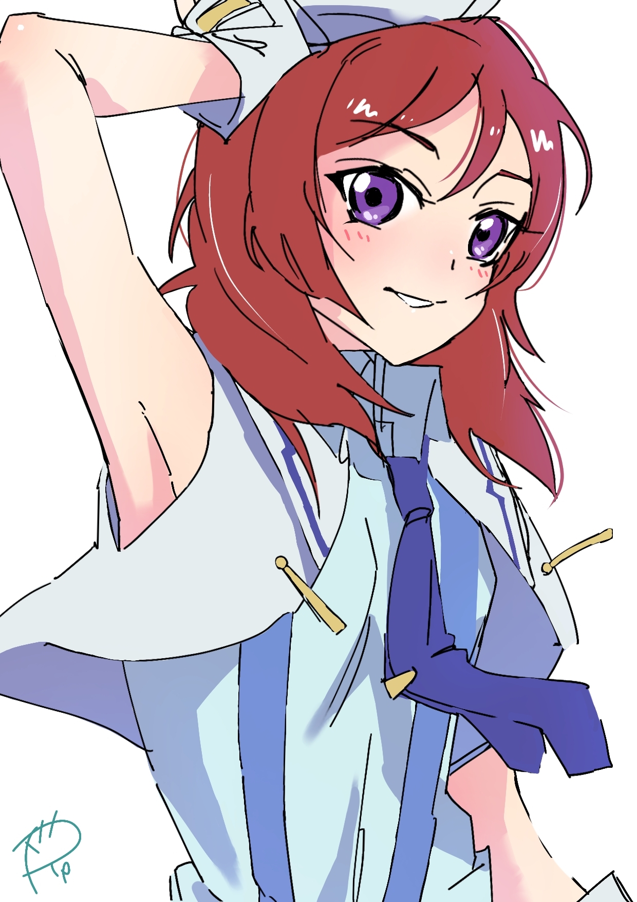 surfacedxxc, nishikino maki, love live!, love live! school idol project, commentary request, highres, 1girl, arm up, armpits, blue necktie, blue shirt, blush, gloves, looking at viewer, medium hair, necktie, parted lips, purple eyes, red hair, shirt, simple background, smile, solo, veil, white background, white gloves, white veil