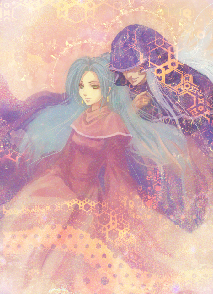 synn, magus (chrono trigger), prophet (chrono trigger), schala zeal, chrono (series), chrono trigger, 1990s (style), 1boy, 1girl, blue hair, cloak, dress, earrings, green eyes, hood, jewelry, long hair, ponytail