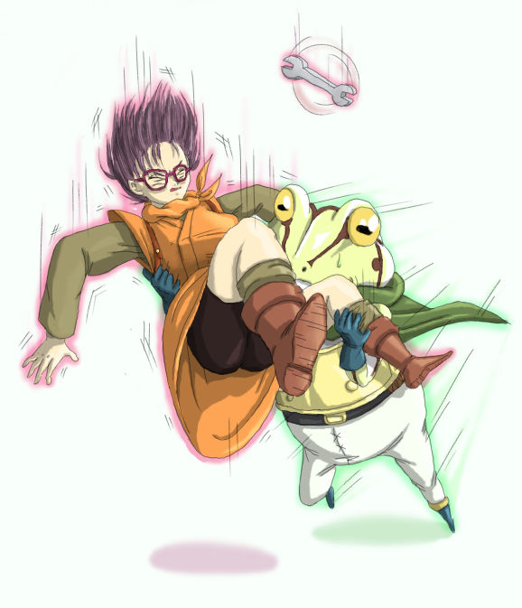 saderu, frog (chrono trigger), lucca ashtear, chrono (series), chrono trigger, 1990s (style), armor, cape, catch, glasses, purple hair, short hair, wrench