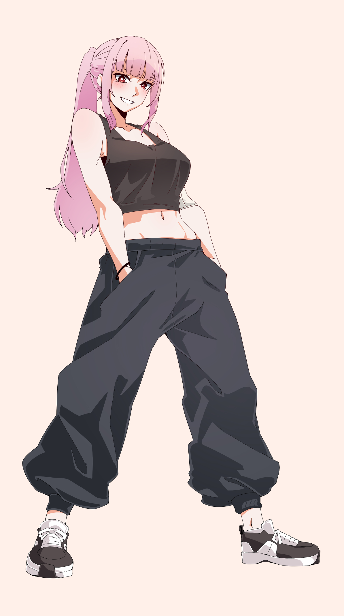 mori calliope, hololive, hololive english, commentary, english commentary, highres, 1girl, alternate costume, black shoes, blunt bangs, blush, bracelet, breasts, bright pupils, collarbone, crop top, full body, grey pants, grey shirt, hands in pockets, jewelry, long hair, lord joeboto, midriff, navel, pants, pink hair, ponytail, red eyes, shirt, shoelaces, shoes, sidelocks, simple background, smile, solo, standing, sweatpants, teeth, virtual youtuber, white background, white pupils