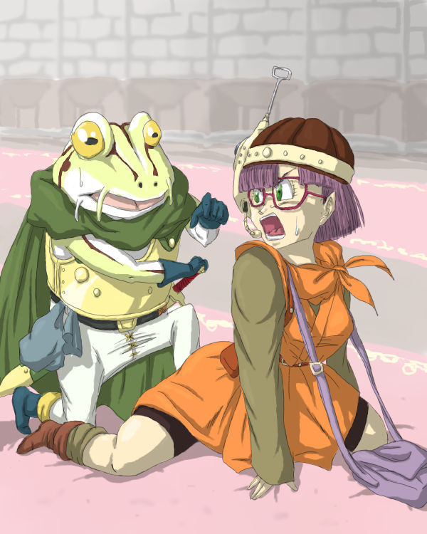 saderu, frog (chrono trigger), lucca ashtear, chrono (series), chrono trigger, 1990s (style), armor, cape, glasses, green eyes, hat, headset, purple hair, short hair