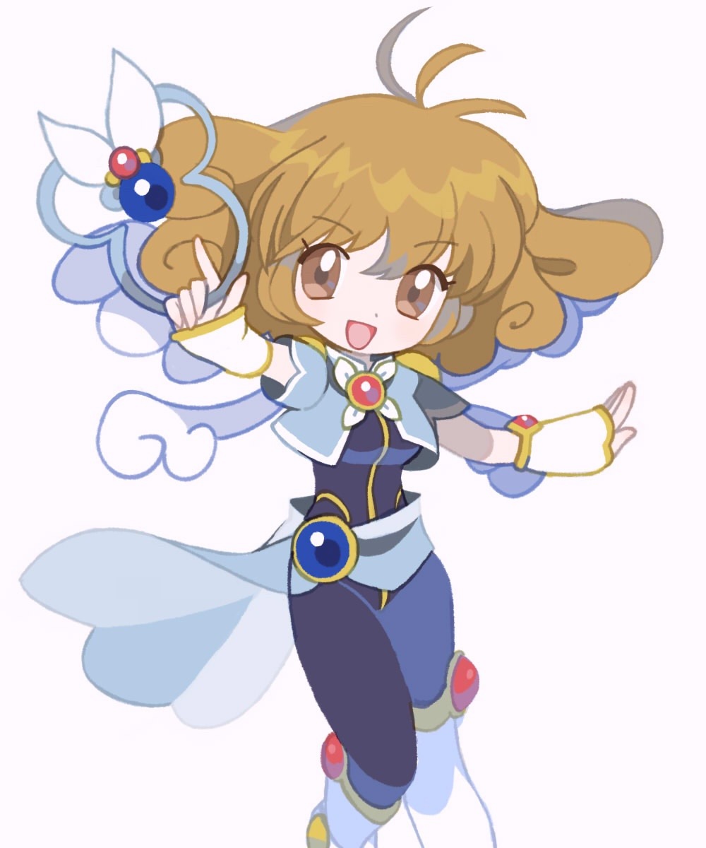 tanba (tanba-art), kasuga yui, corrector yui, highres, 1girl, antenna hair, black bodysuit, bodysuit, boots, brown eyes, brown hair, feet out of frame, holding, looking at viewer, open mouth, outstretched arm, short hair, simple background, solo, white background