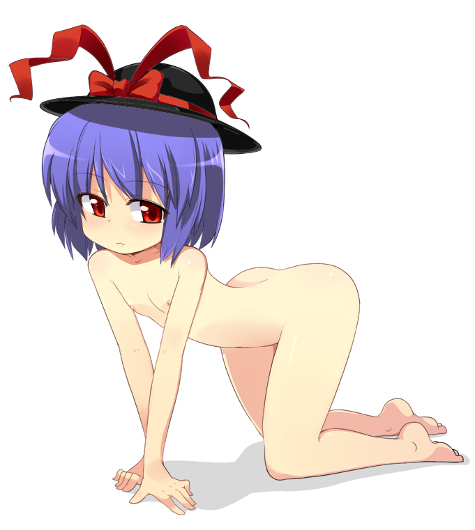 mamo williams, nagae iku, touhou, 1girl, aged down, all fours, barefoot, feet, female focus, flat chest, hat, loli, nude, purple hair, red eyes, short hair, solo