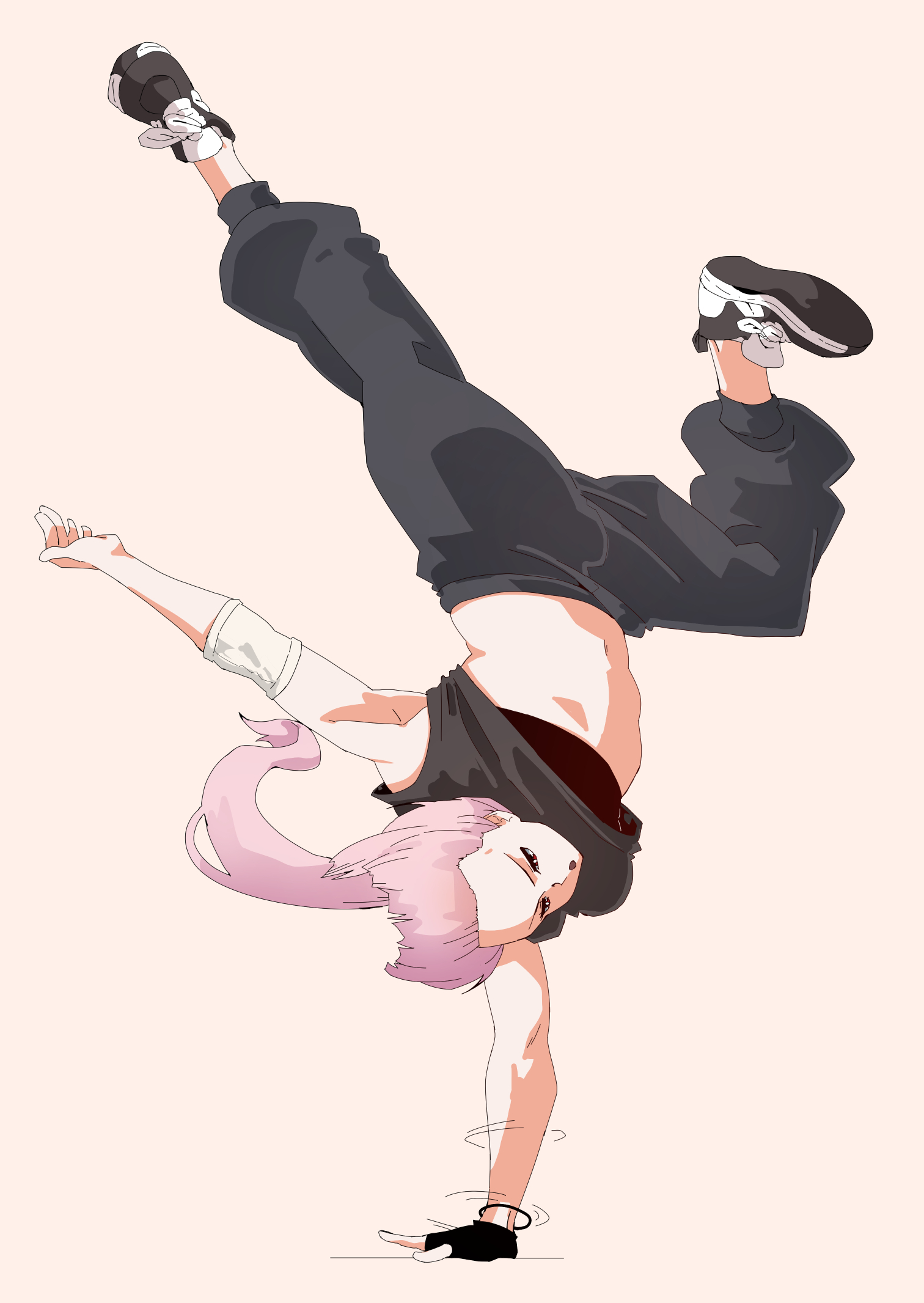 mori calliope, hololive, hololive english, commentary, english commentary, highres, 1girl, alternate costume, black gloves, black shoes, black sports bra, breakdance, breasts, bright pupils, crop top, fingerless gloves, full body, gloves, grey pants, grey shirt, handstand, long hair, lord joeboto, motion lines, one arm handstand, open mouth, pants, pink hair, ponytail, red eyes, shirt, shoelaces, shoes, simple background, single fingerless glove, single glove, solo, sports bra, stomach, sweatpants, virtual youtuber, white background, white pupils