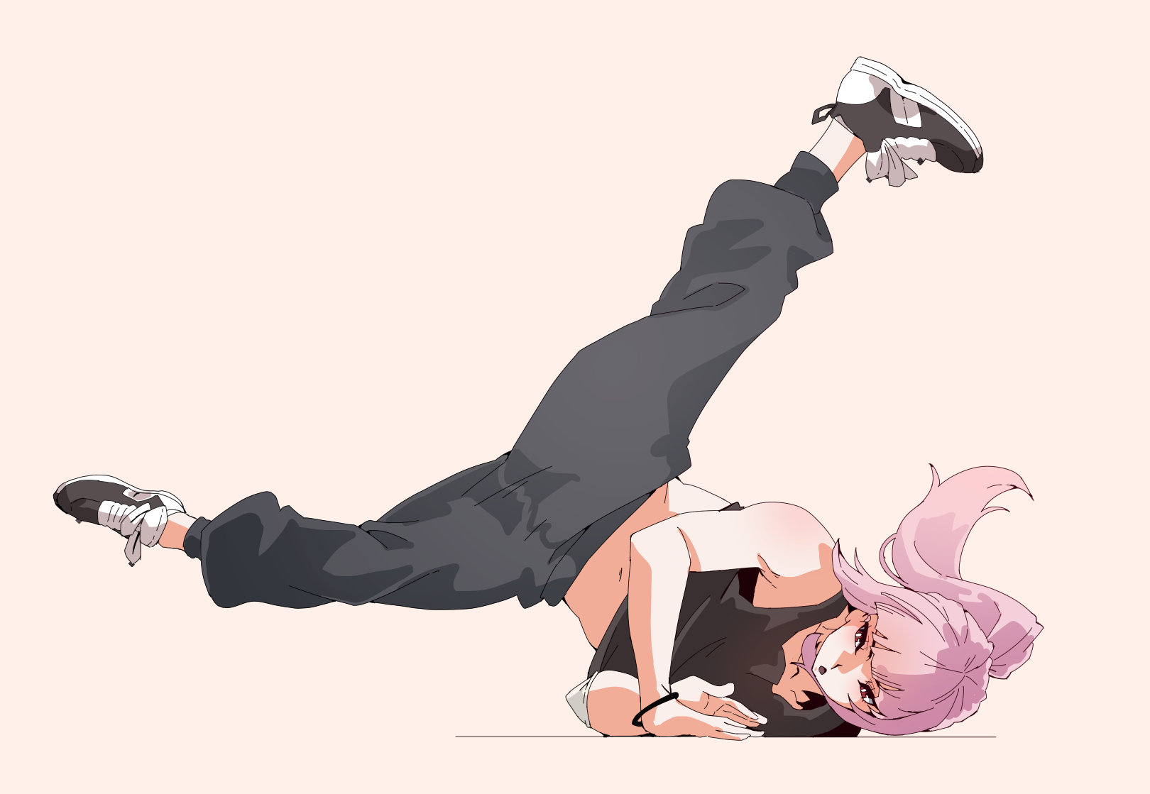 mori calliope, hololive, hololive english, commentary, english commentary, highres, 1girl, alternate costume, black shoes, breakdance, bright pupils, crop top, full body, grey pants, grey shirt, long hair, lord joeboto, midriff, navel, open mouth, pants, pink hair, ponytail, red eyes, shirt, shoelaces, shoes, simple background, solo, sweatpants, virtual youtuber, white background, white pupils