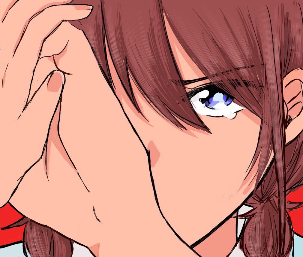 iseri nina, girls band cry, commentary request, 1girl, brown hair, closed mouth, grcr pometa1118, hands up, low twintails, short hair, short twintails, solo, tearing up, twintails