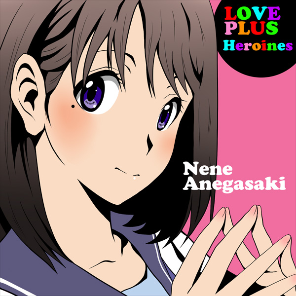 7001, anegasaki nene, k-on!, love plus, 1girl, album cover, blush, brown hair, cover, female focus, mole, mole under eye, parody, school uniform, short hair, simple background, solo