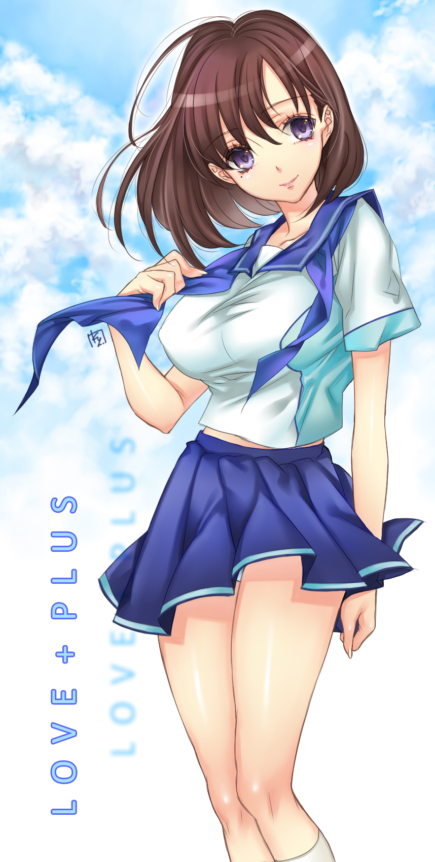 kaguyuzu, anegasaki nene, love plus, bad id, bad pixiv id, highres, 1girl, breasts, brown hair, colored eyelashes, covered erect nipples, eyelashes, female focus, large breasts, lips, mole, mole under eye, panties, pantyshot, purple eyes, school uniform, serafuku, shirt, short hair, skirt, smile, solo, taut clothes, taut shirt, thighs, underwear, upskirt