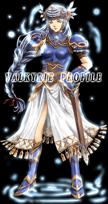 rosehearts, lenneth valkyrie, valkyrie profile (series), silver hair, armor, blue eyes, braid, feathers, helmet, long hair, sword, weapon