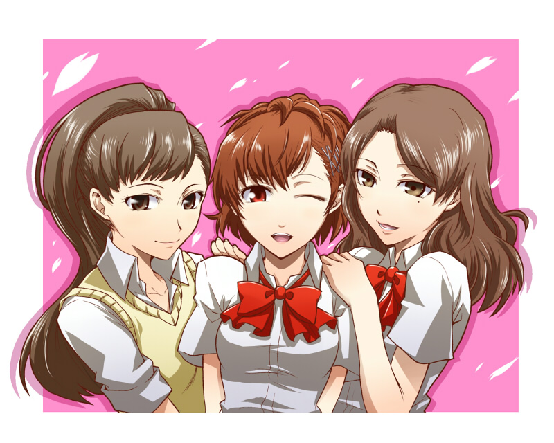 segami daisuke, hasegawa saori, iwasaki rio, shiomi kotone, atlus, persona, persona 3, persona 3 portable, 3girls, bow, brown eyes, brown hair, long hair, mole, mole under eye, multiple girls, one eye closed, ponytail, red hair, ribbon, school uniform, short hair, smile, sweater vest, wink