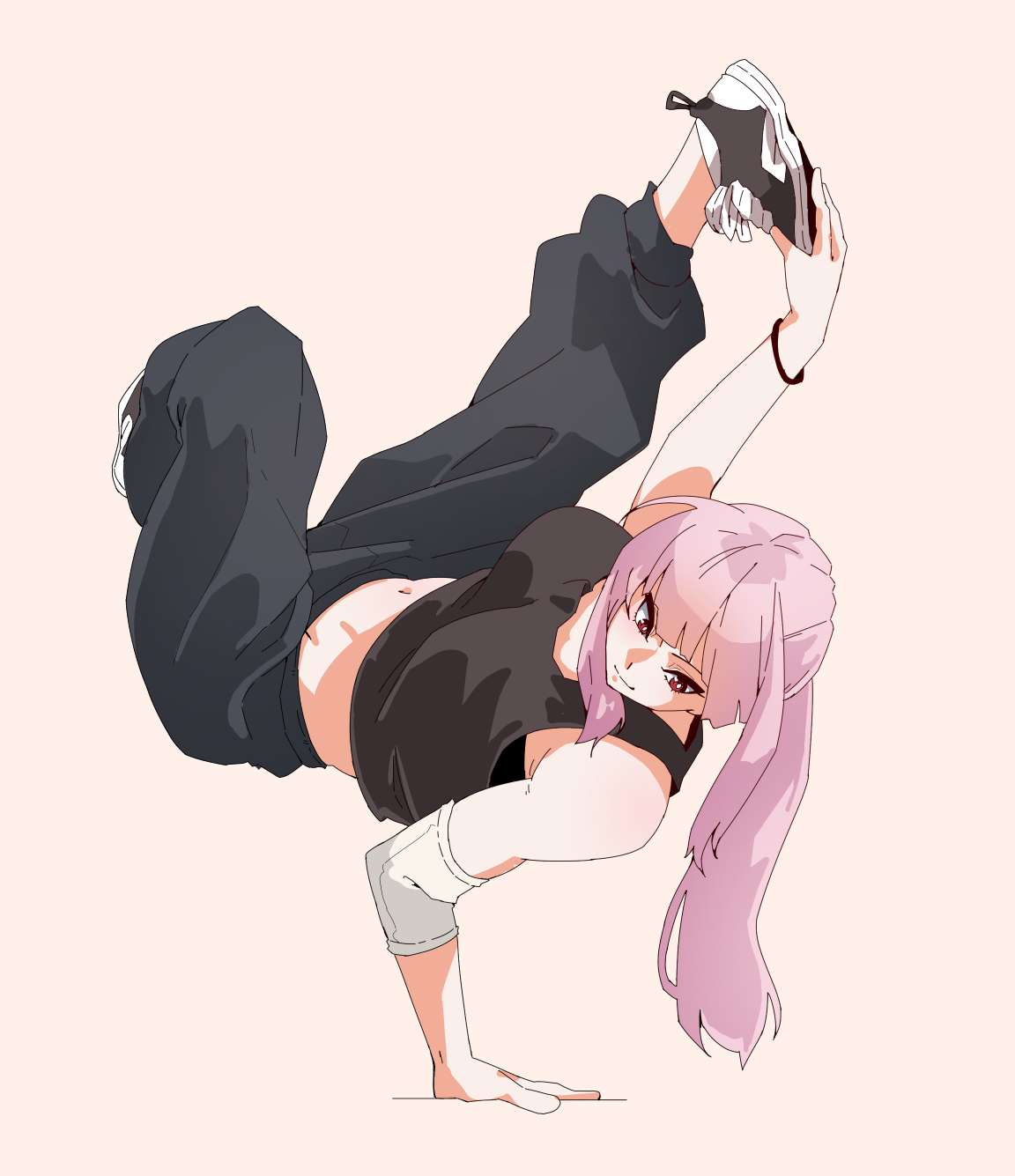 mori calliope, hololive, hololive english, commentary, english commentary, highres, 1girl, alternate costume, black shoes, breasts, bright pupils, closed mouth, crop top, eyelashes, full body, grey pants, grey shirt, hand on own foot, handstand, long hair, lord joeboto, one arm handstand, pants, pink hair, ponytail, red eyes, shirt, shoelaces, shoes, simple background, smile, solo, sweatpants, virtual youtuber, white background, white pupils