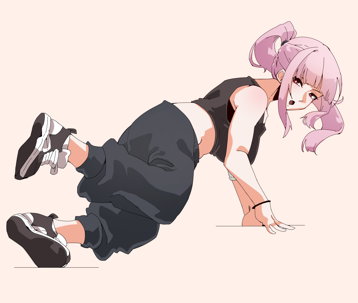 mori calliope, hololive, hololive english, commentary, english commentary, 1girl, alternate costume, black shoes, breakdance, breasts, bright pupils, crop top, eyelashes, full body, grey pants, grey shirt, long hair, lord joeboto, midriff, open mouth, pants, pink hair, ponytail, red eyes, shirt, shoelaces, shoes, sidelocks, simple background, solo, sweatpants, virtual youtuber, white background, white pupils