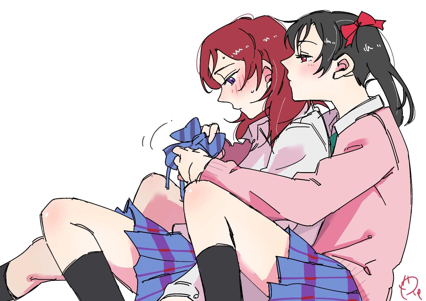 surfacedxxc, nishikino maki, yazawa nico, love live!, love live! school idol project, commentary request, highres, 2girls, between legs, black hair, blue bow, blue bowtie, blue skirt, blush, bow, bowtie, closed mouth, hair bow, medium hair, multiple girls, otonokizaka school uniform, pink sweater, plaid clothes, plaid skirt, pleated skirt, purple eyes, red bow, red eyes, red hair, school uniform, simple background, skirt, sweat, sweater, twintails, white background, yuri