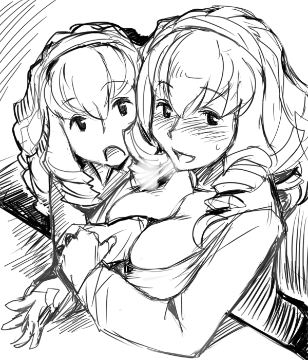 tsuda nanafushi, hinaichigo, rozen maiden, 00s, aged up, between breasts, blush, breasts, casual, cleavage, greyscale, hairband, large breasts, monochrome, sketch