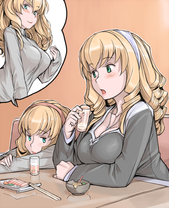 tsuda nanafushi, hinaichigo, rozen maiden, 00s, 2girls, aged up, blonde hair, breast envy, breasts, casual, chopsticks, cleavage, drink, food, glass, green eyes, hairband, large breasts, looking at breasts, multiple girls, siblings, sisters, sushi