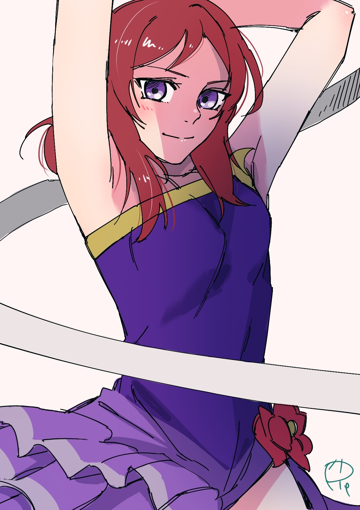 surfacedxxc, nishikino maki, love live!, love live! school idol project, commentary request, highres, 1girl, armpits, arms up, bare arms, leotard, medium hair, purple eyes, purple leotard, purple skirt, red hair, simple background, skirt, smile, solo, white background
