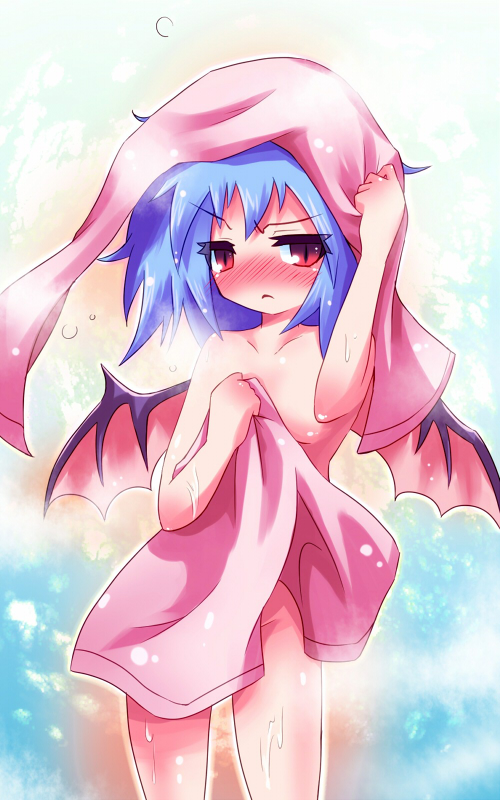 ayakashi (monkeypanch), remilia scarlet, touhou, bad id, bad pixiv id, 1girl, bat wings, blue hair, blush, female focus, loli, nude, red eyes, short hair, solo, towel, wet, wings