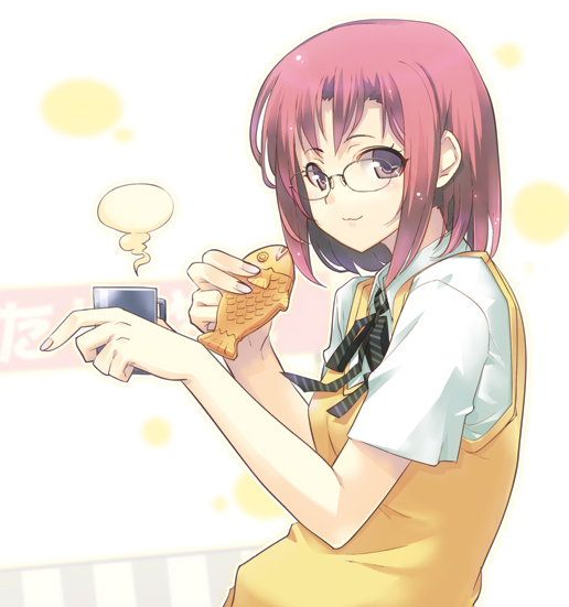 dasoku sentarou, original, 1girl, :3, cup, female focus, food, glasses, looking at viewer, mug, pink hair, school uniform, solo, steam, sweater vest, taiyaki, upper body, vest, wagashi