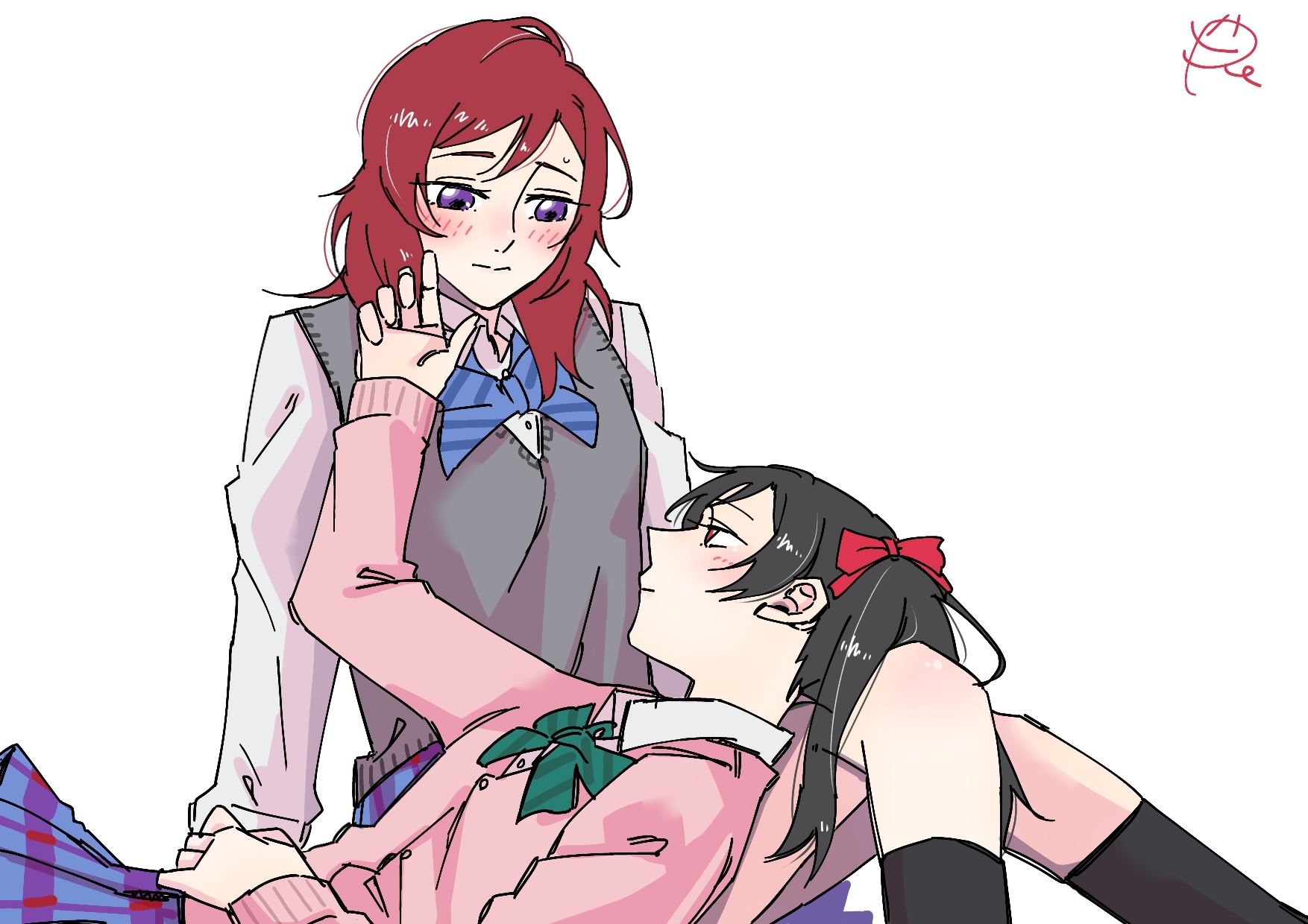 surfacedxxc, nishikino maki, yazawa nico, love live!, love live! school idol project, commentary request, highres, 2girls, black hair, black socks, blue bow, blue bowtie, blue skirt, bow, bowtie, cardigan, green bow, green bowtie, grey sweater vest, kneehighs, lap pillow, medium hair, multiple girls, otonokizaka school uniform, pink cardigan, plaid clothes, plaid skirt, pleated skirt, purple eyes, red eyes, red hair, school uniform, shirt, simple background, skirt, socks, sweater vest, twintails, white background, white shirt, yuri