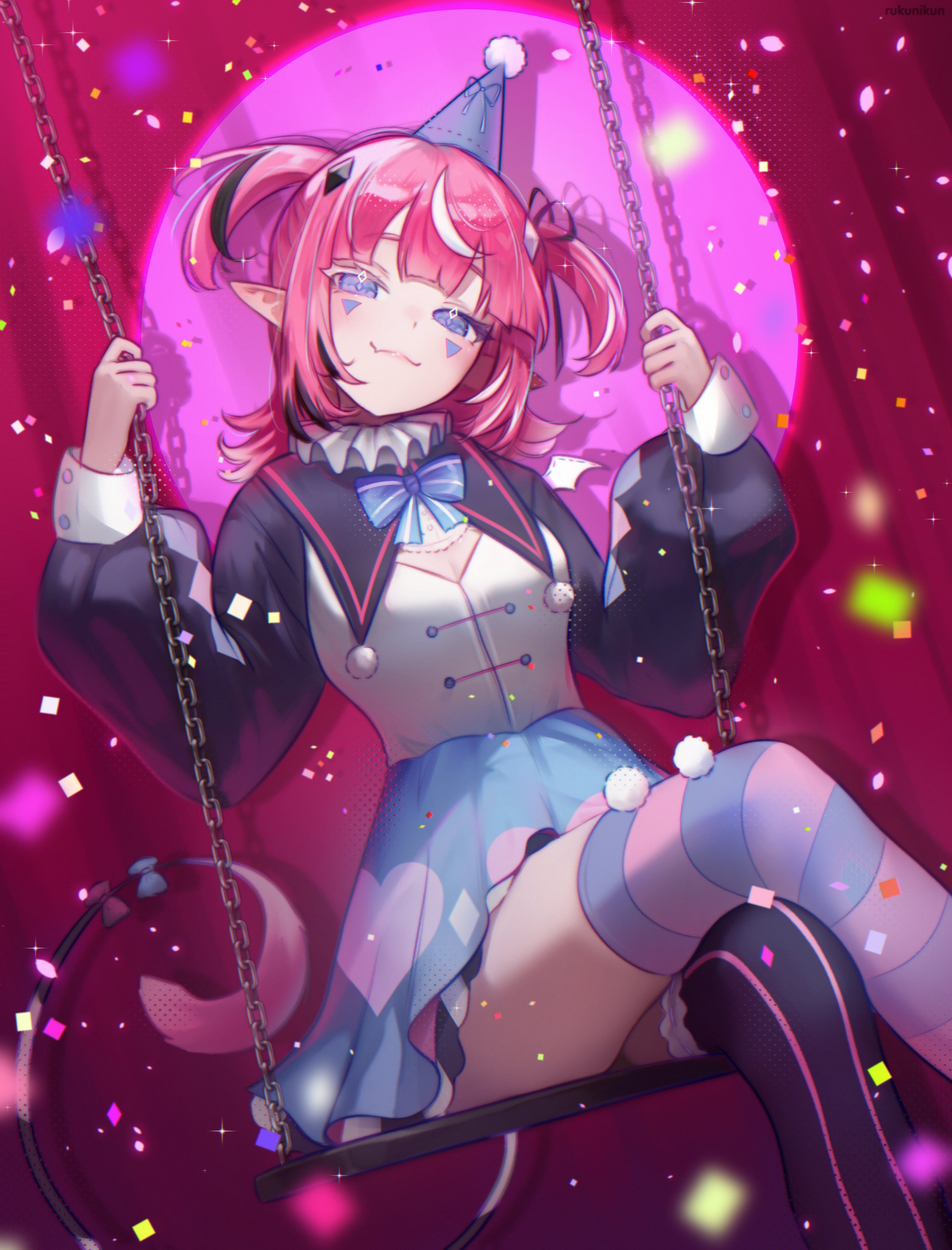 rukunikun, camila (cami 3.0) (vtuber), camila (vtuber), indie virtual youtuber, absurdres, commentary, english commentary, highres, 1girl, :3, artist name, black hair, blue bow, blue skirt, blush, bow, chain, closed mouth, collar, colored eyelashes, confetti, curtains, facial mark, frilled collar, frills, hat, hat ribbon, long sleeves, medium hair, mismatched eyelashes, mismatched thighhighs, multicolored hair, on swing, party hat, pink hair, pointy ears, purple eyes, purple hat, ribbon, shadow, shirt, sidelocks, sitting, skirt, smile, solo, sparkle, spotlight, streaked hair, swing, tail, triangle, triangle facial mark, two side up, virtual youtuber, white hair, white shirt