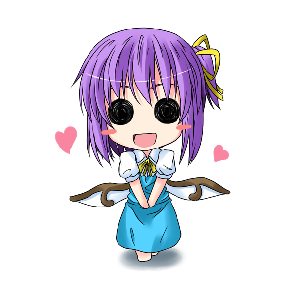 ichimi, daiyousei, nagae iku, embodiment of scarlet devil, touhou, 1girl, blush stickers, chibi, cosplay, daiyousei (cosplay), dress, female focus, hair ribbon, heart, open mouth, purple hair, ribbon, side ponytail, solid circle eyes, solo, wings