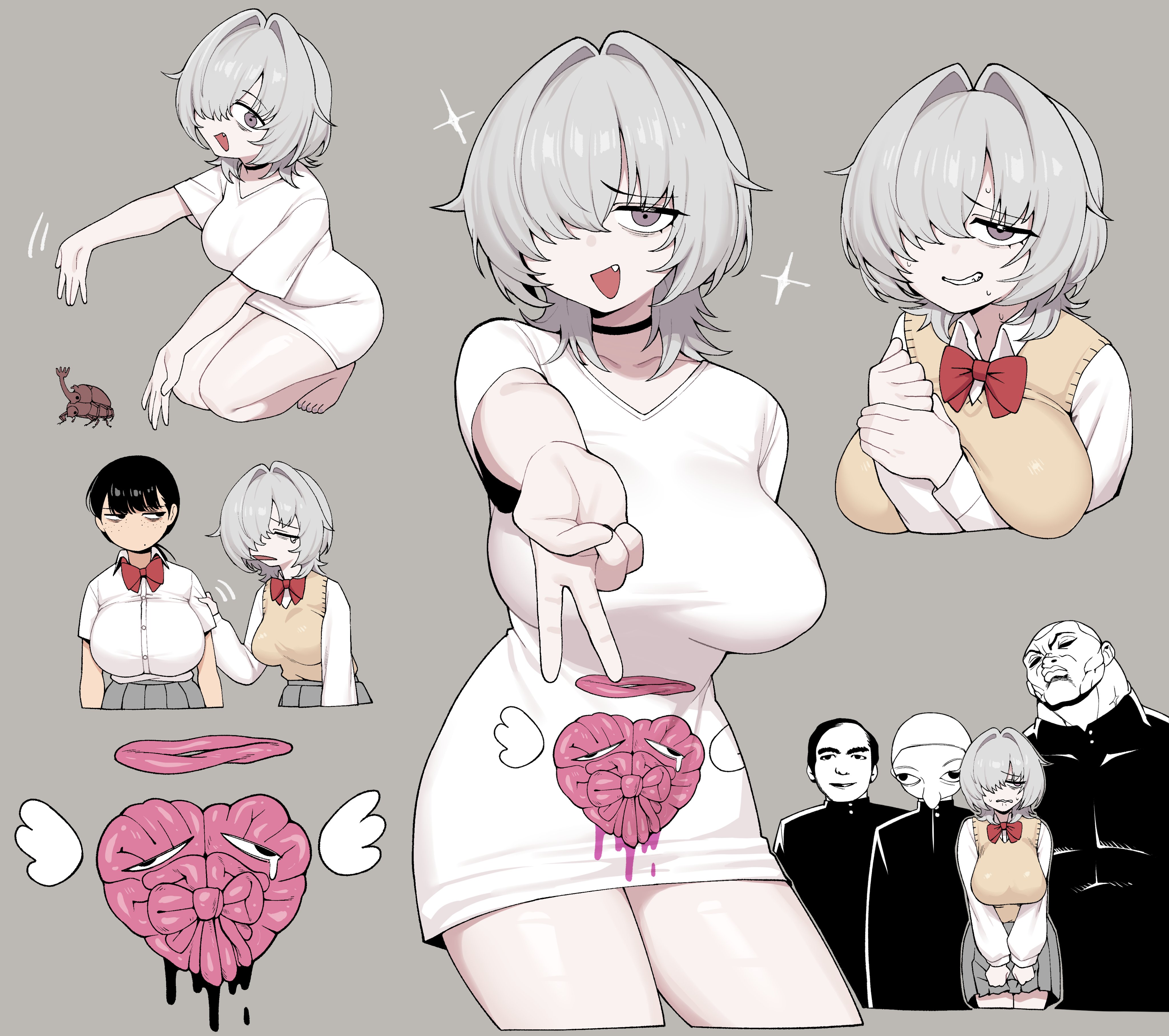 awan raccoon, original, absurdres, commentary, english commentary, highres, 2girls, 3boys, black choker, black hair, bow, breasts, bug, buttons, choker, clenched teeth, cowboy shot, cropped legs, fang, freckles, full body, grey background, grey eyes, grey hair, grey skirt, hair over one eye, half-closed eyes, large breasts, looking at viewer, medium hair, multiple boys, multiple girls, multiple views, no mouth, no nose, open hands, open mouth, red bow, shirt, short sleeves, skirt, sweat, teeth, upper body, v, white shirt, wing collar