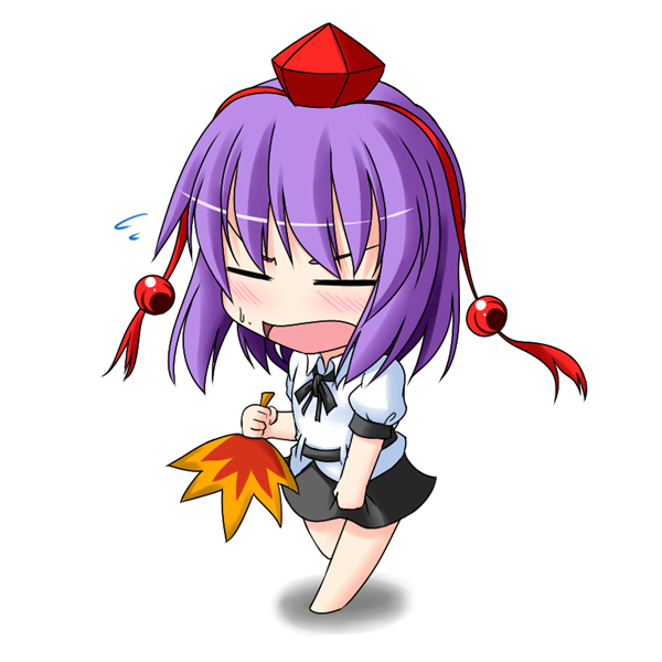 ichimi, nagae iku, shameimaru aya, touhou, 1girl, = =, blush, blush stickers, chibi, cosplay, female focus, hand fan, hat, leaf, open mouth, purple hair, shameimaru aya (cosplay), short hair, skirt, solo, tokin hat