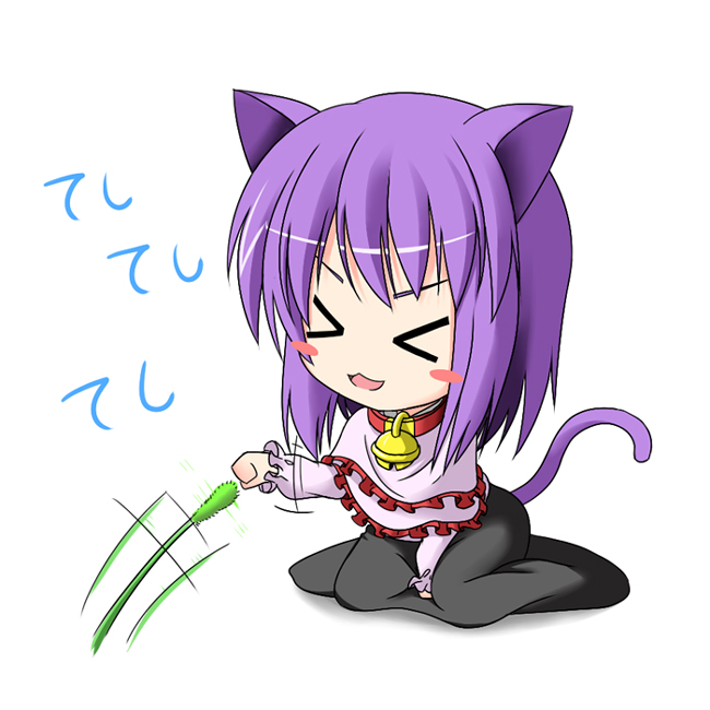 ichimi, nagae iku, touhou, 1girl, animal ears, cat ears, cat girl, cat tail, chibi, female focus, full body, purple hair, sitting, solo, tail, white background