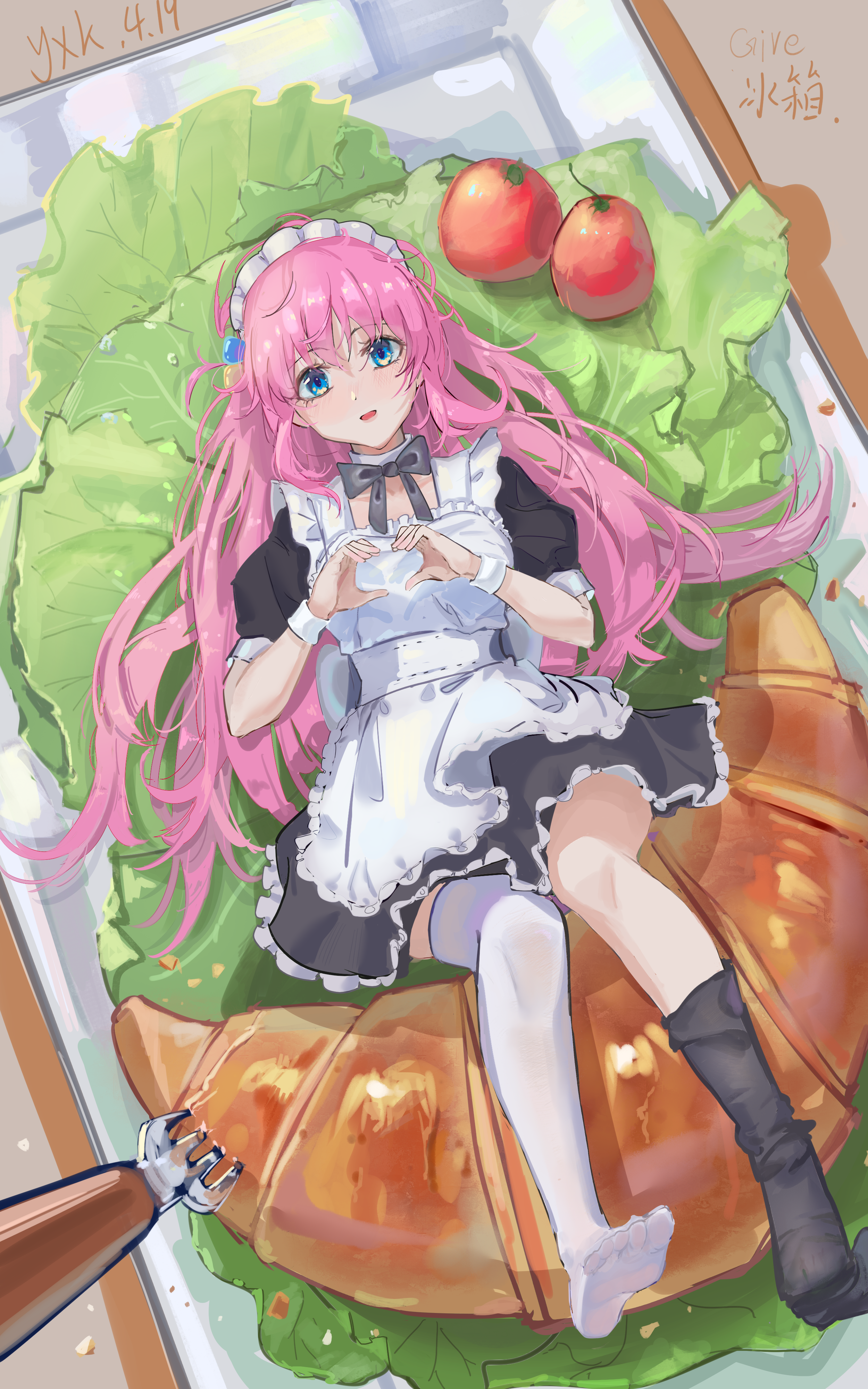 user adpn2522, gotoh hitori, bocchi the rock!, absurdres, commentary request, highres, 1girl, above-cleavage cutout, alternate costume, apron, asymmetrical legwear, black dress, black socks, blue eyes, bow, bowtie, cabbage, cherry tomato, clothing cutout, croissant, cube hair ornament, dress, enmaided, food, fork, frilled apron, frilled dress, frills, full body, hair ornament, heart, heart hands, knees, light blush, long hair, looking at viewer, lying, maid, maid apron, maid headdress, mini person, minigirl, mismatched legwear, on back, on plate, open mouth, pink hair, puffy short sleeves, puffy sleeves, red bow, red bowtie, short dress, short sleeves, smile, socks, solo, thighhighs, tomato, white apron, white thighhighs