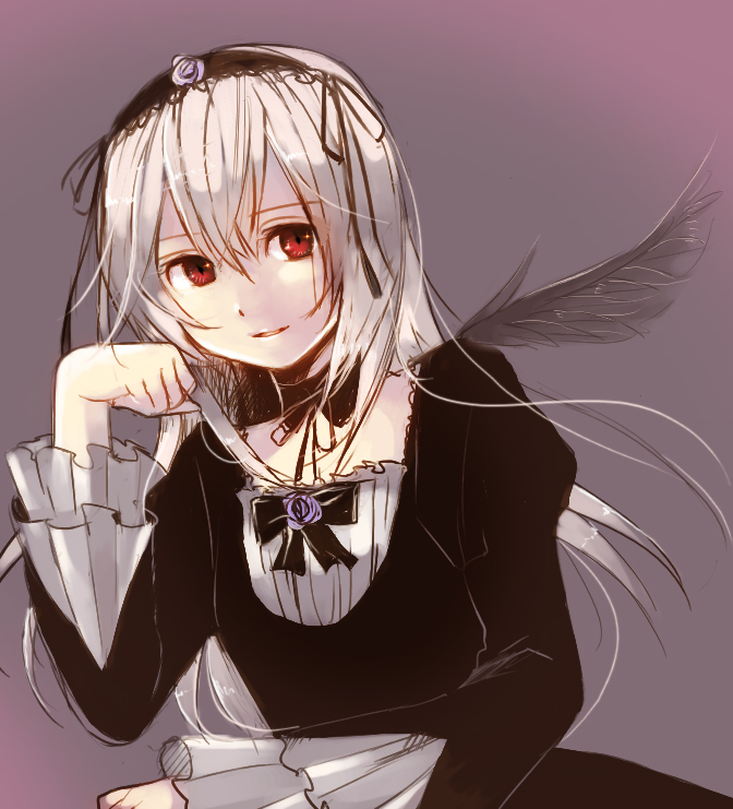 yoshioka mitsuko, suigintou, rozen maiden, silver hair, 00s, 1girl, black wings, female focus, kitsuoka mitsuko, long sleeves, looking at viewer, mini wings, red eyes, solo, upper body, wings