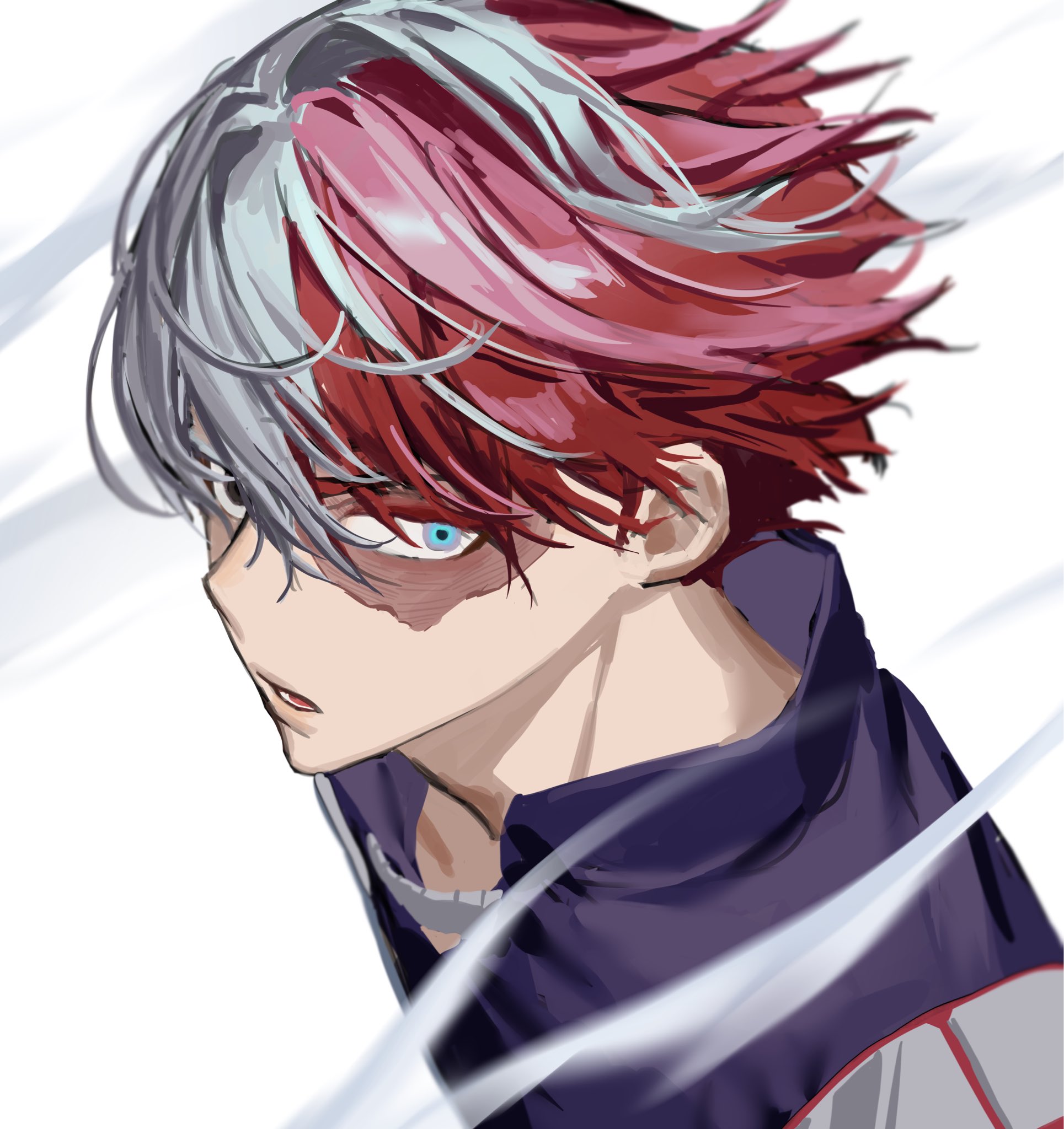 chamuring, todoroki shoto, boku no hero academia, commentary request, highres, korean commentary, 1boy, blue eyes, hair between eyes, male focus, open mouth, parted lips, portrait, red hair, scar, scar on face, short hair, solo, split mouth, white background, white hair