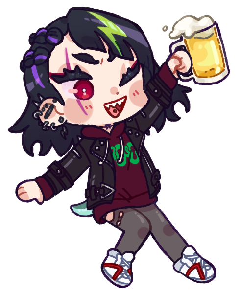 lumiseal, coqui saporana, rummy & coqui, commentary, english commentary, 1girl, arm up, beer mug, black hair, black jacket, blush, blush stickers, bright pupils, chibi, cup, dot nose, drawstring, drink, ear piercing, earrings, frog girl, full body, green hair, grey pantyhose, holding, holding cup, holding drink, hood, hood down, hoodie, jacket, jewelry, leather, leather jacket, long sleeves, medium hair, mug, multicolored hair, official alternate hairstyle, one eye closed, open clothes, open jacket, open mouth, pantyhose, piercing, purple hair, red eyes, red hoodie, scar, scar across eye, scar on face, sharp teeth, shoes, smile, solo, streaked hair, tadpole tail, tail, teeth, tongue piercing, torn clothes, torn pantyhose, transparent background, upper teeth only, v-shaped eyebrows, virtual youtuber, white pupils, white shoes