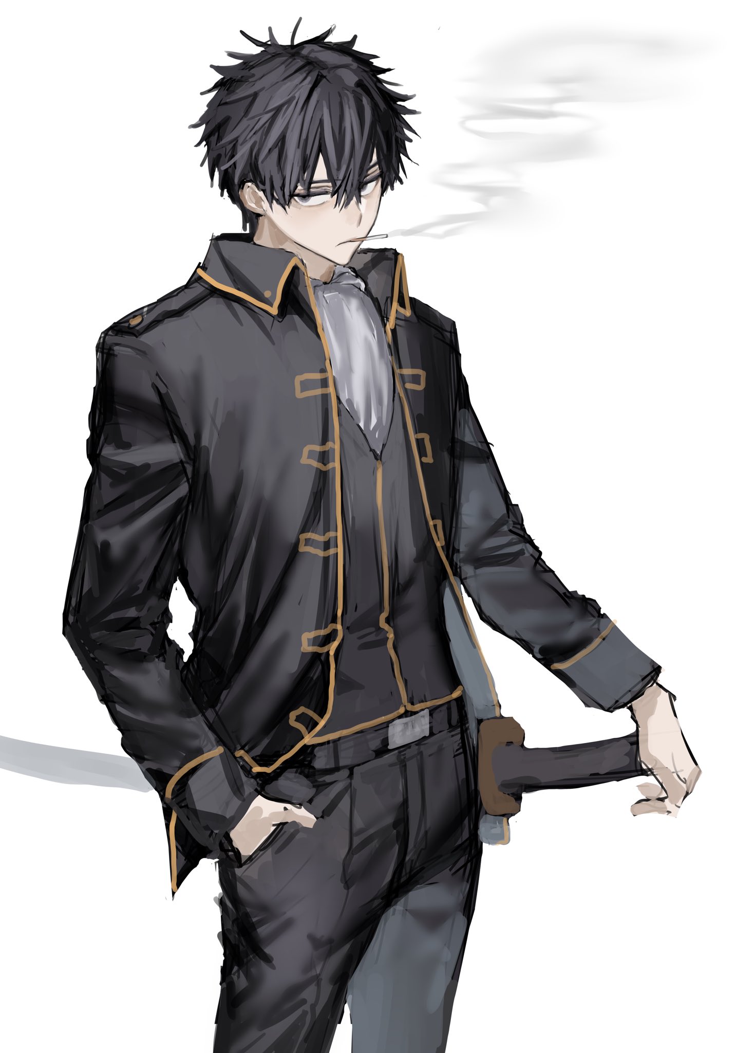 chamuring, hijikata toushirou, gintama, highres, 1boy, ascot, bags under eyes, black hair, black jacket, cigarette, cowboy shot, hair between eyes, hand in pocket, holding, holding sword, holding weapon, jacket, looking at viewer, male focus, mouth hold, short hair, smoke, smoke trail, smoking, spiked hair, standing, sword, weapon, white ascot