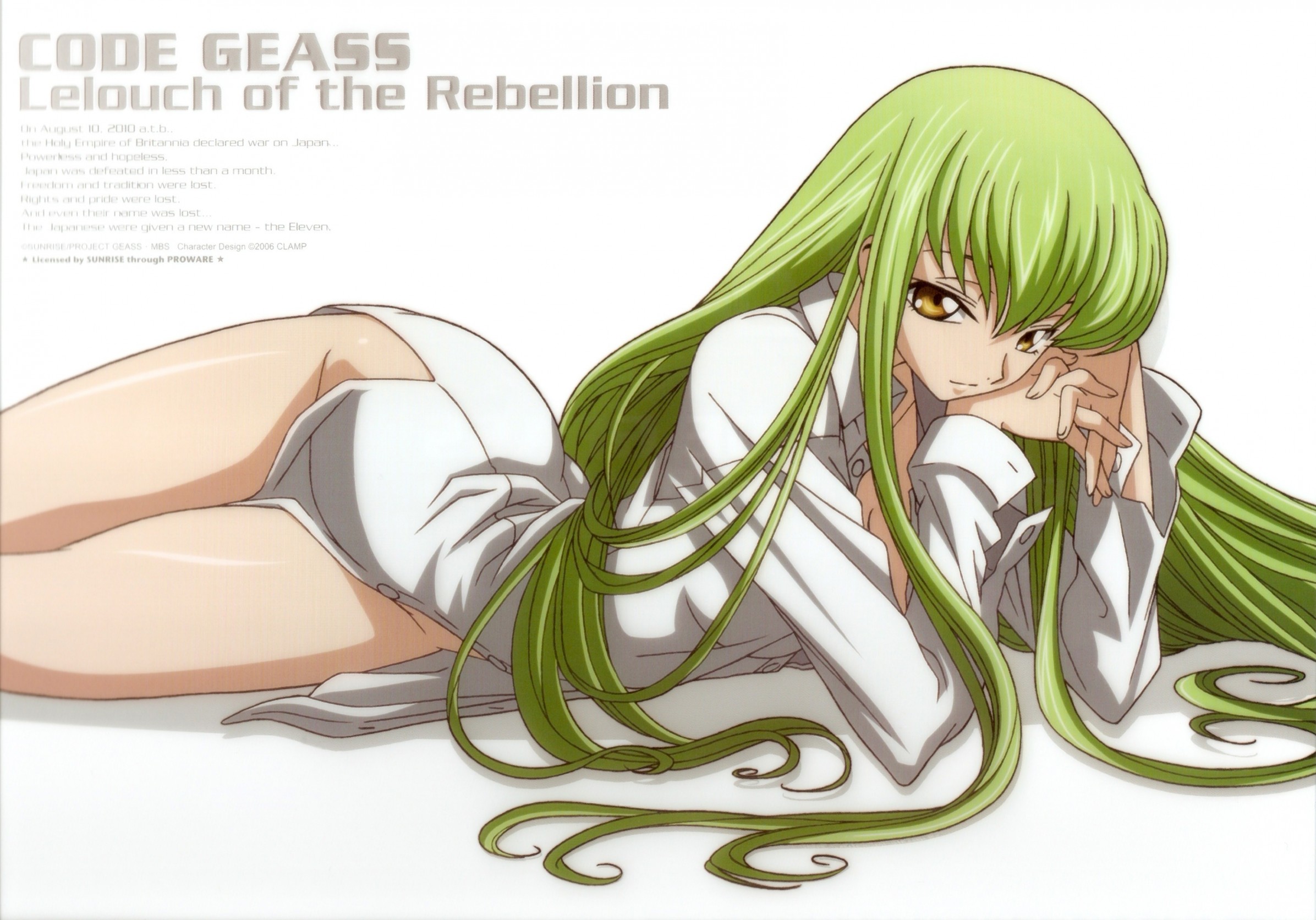 c.c., code geass, highres, 00s, 1girl, arm support, dress shirt, female focus, green hair, long hair, lying, naked shirt, on side, shirt, solo, yellow eyes