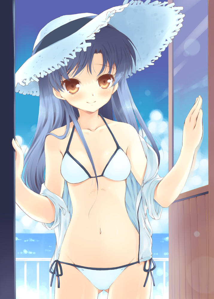 komi zumiko, kisaragi chihaya, idolmaster, idolmaster (classic), bad id, bad pixiv id, 00s, 1girl, bare shoulders, beach, bikini, blue hair, brown eyes, cloud, day, female focus, hat, hood, hoodie, jacket, lens flare, light smile, long hair, narrow waist, ocean, off shoulder, open clothes, open shirt, outdoors, shirt, side-tie bikini bottom, sky, smile, solo, straw hat, sun hat, swimsuit, white bikini, yellow eyes