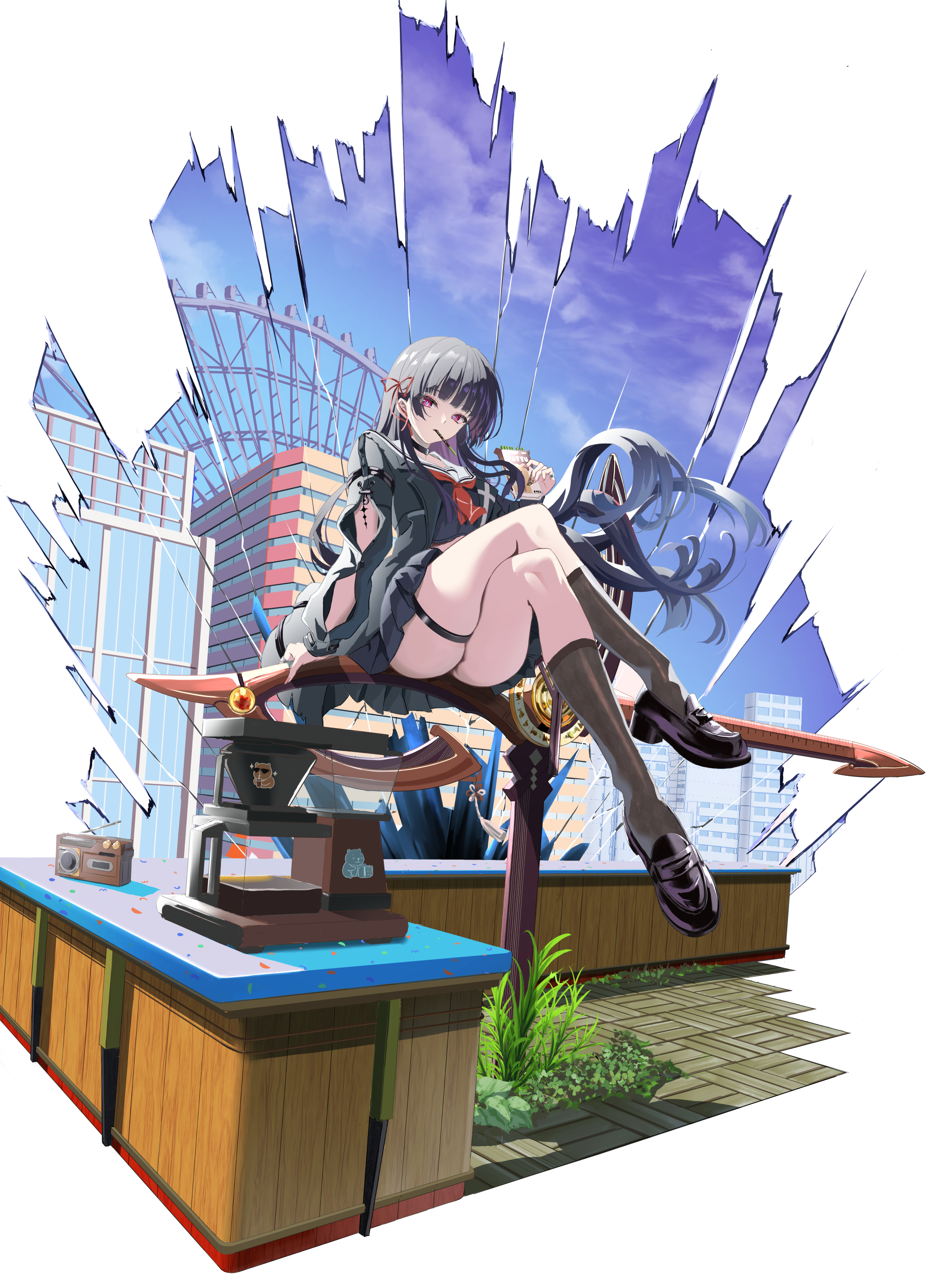 kagura hiromu, chisa (wuthering waves), wuthering waves, absurdres, commentary request, highres, 1girl, arm cutout, black hair, black jacket, black shoes, black socks, clothing cutout, crossed legs, diorama, food, food in mouth, hair ribbon, jacket, long hair, looking at viewer, neckerchief, pocky, pocky in mouth, red eyes, red neckerchief, red robe, ribbon, robe, sailor collar, shoes, sitting, socks, solo, tacet mark (wuthering waves), thigh strap, thighs, white sailor collar
