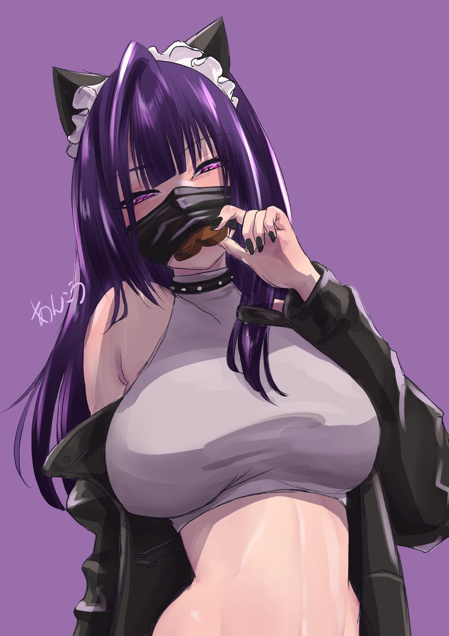 ankoh, sin (backstreet dream) (nikke), sin (nikke), goddess of victory: nikke, highres, 1girl, animal ears, black hair, black nails, breasts, cat ears, jacket, large breasts, long hair, looking at viewer, maid headdress, mask, mouth mask, pantyhose, purple eyes, purple hair