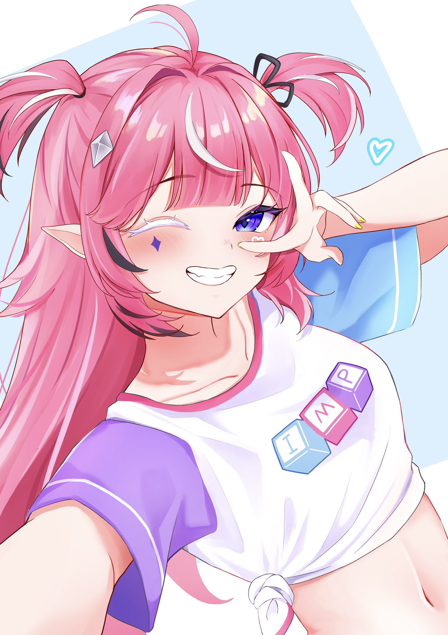 nohanenoe, camila (vtuber), indie virtual youtuber, commentary, highres, ahoge, black hair, black ribbon, blunt bangs, blush, clothes writing, collarbone, colored eyelashes, diamond facial mark, diamond hair ornament, facial mark, fingernails, hair ribbon, heart, heart facial mark, long hair, midriff, mismatched eyelashes, multicolored hair, nail polish, navel, official alternate costume, one eye closed, outstretched arm, pink hair, pointy ears, purple eyes, ribbon, selfie, shirt, short sleeves, smile, streaked hair, teeth, two side up, upper body, v, virtual youtuber, white hair, white shirt, yellow nails