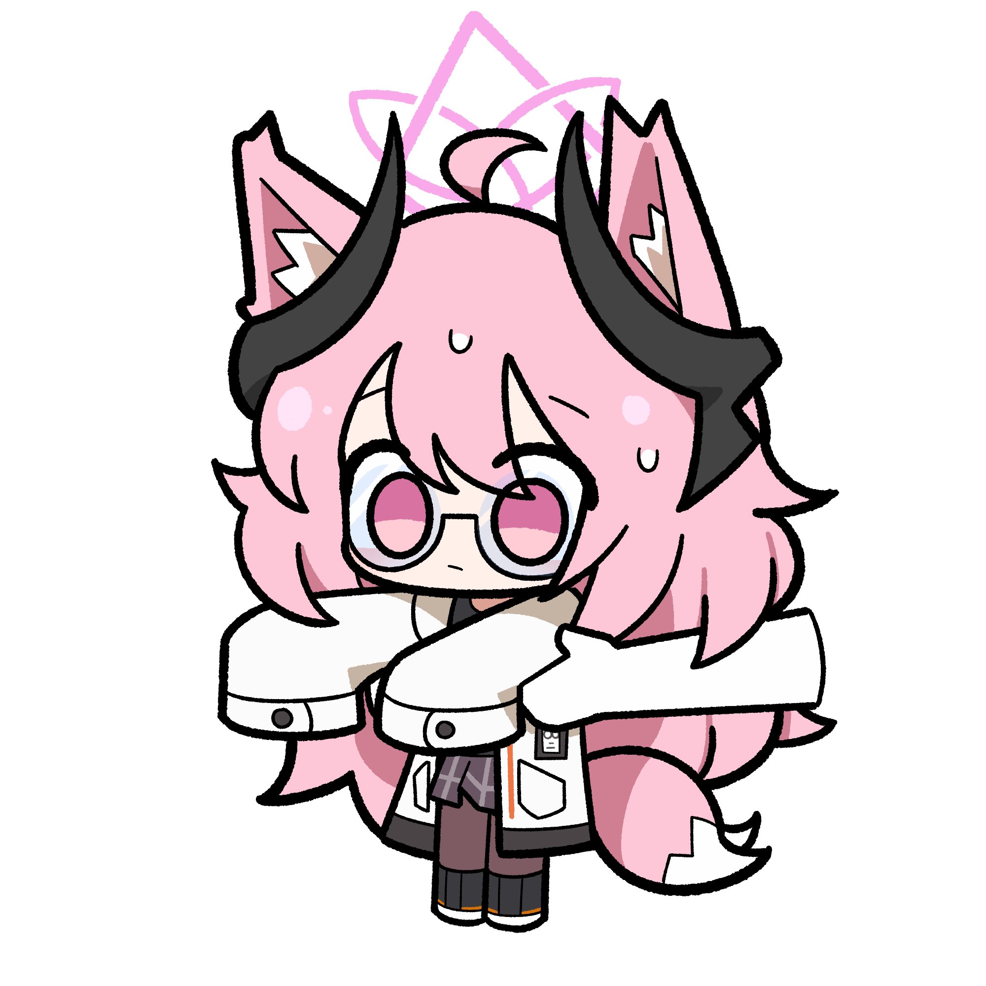 malrangdonut, original, commission, highres, animal ear fluff, animal ears, chibi, chibi only, demon horns, fox ears, fox girl, fox tail, glasses, halo, horns, lab coat, long hair, pantyhose, pink eyes, pink hair, pink halo, pleated skirt, skirt, tail