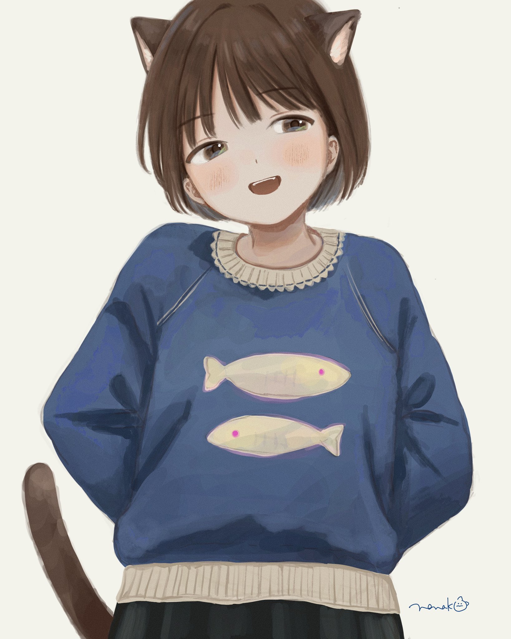 nena labo, original, commentary, highres, symbol-only commentary, 1girl, animal ears, animal print, arms behind back, averting eyes, blue sweater, blush, brown hair, choppy bangs, fish print, long sleeves, open mouth, print sweater, short hair, signature, simple background, solo, standing, sweater, tail, upper body, white background