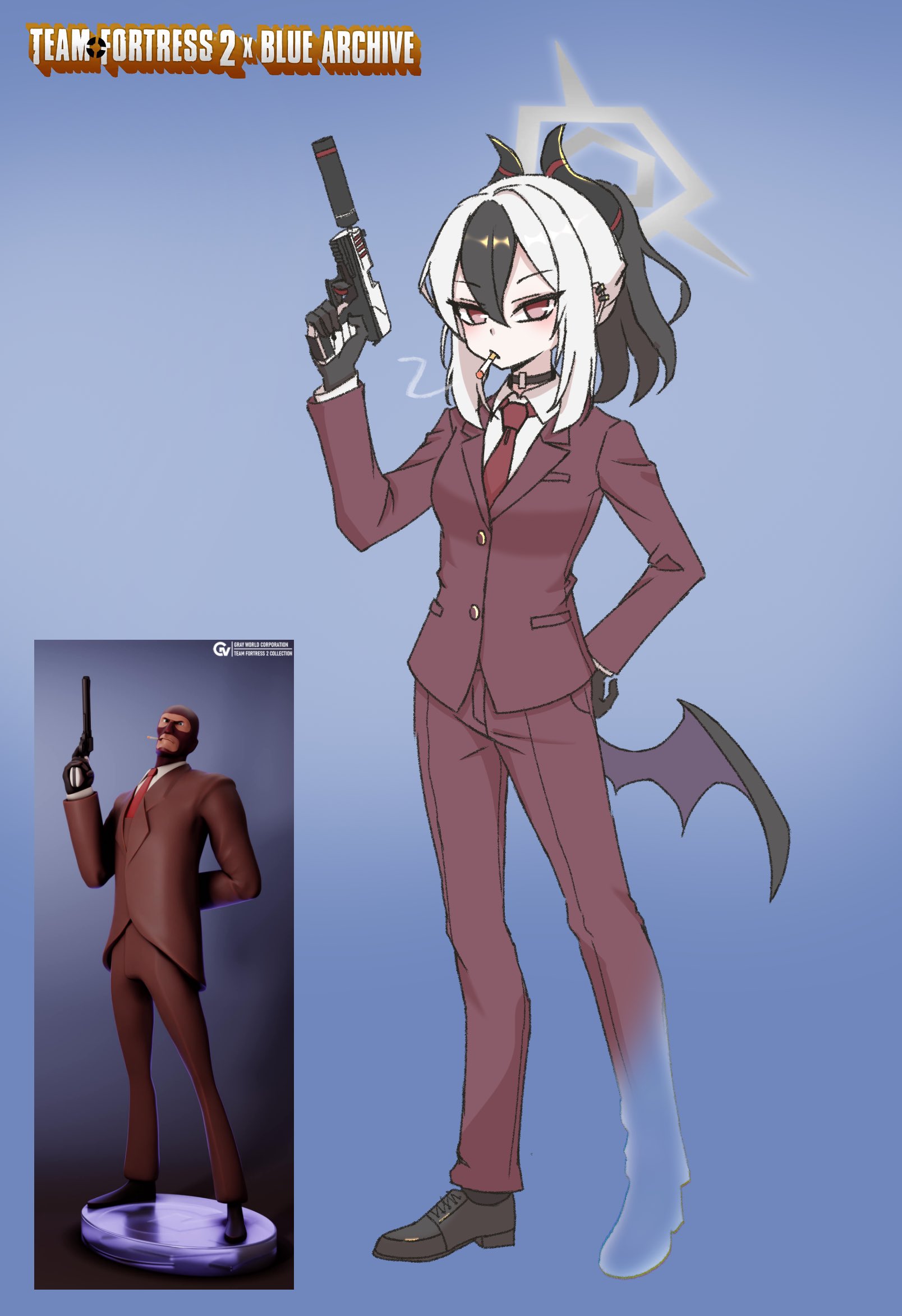 ayo5108, kayoko (blue archive), spy (tf2), blue archive, team fortress 2, highres, 1girl, balaclava, black hair, choker, demon horns, formal clothes, gloves, gun, h&k p30, halo, handgun, holding, holding gun, holding weapon, horns, mask, multicolored hair, necktie, red eyes, reference inset, revolver, smoking, solo, suit, suppressor, two-tone hair, weapon, white hair