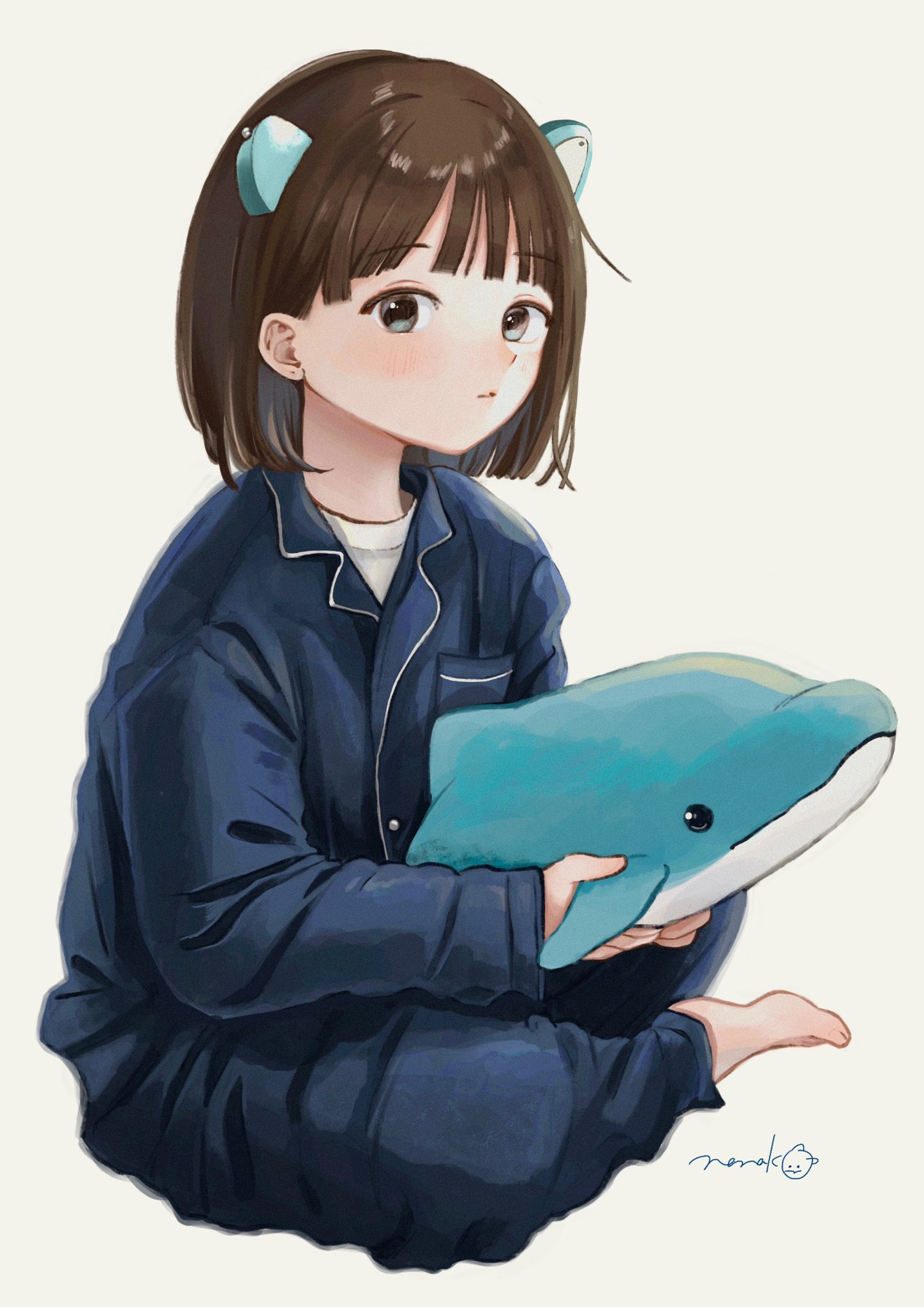 nena labo, original, hashtag-only commentary, highres, 1girl, animal ears, blue pajamas, brown hair, choppy bangs, closed mouth, expressionless, full body, green eyes, holding, holding stuffed toy, indian style, long sleeves, looking at viewer, pajamas, simple background, sitting, solo, stuffed animal, stuffed dolphin, stuffed toy, white background