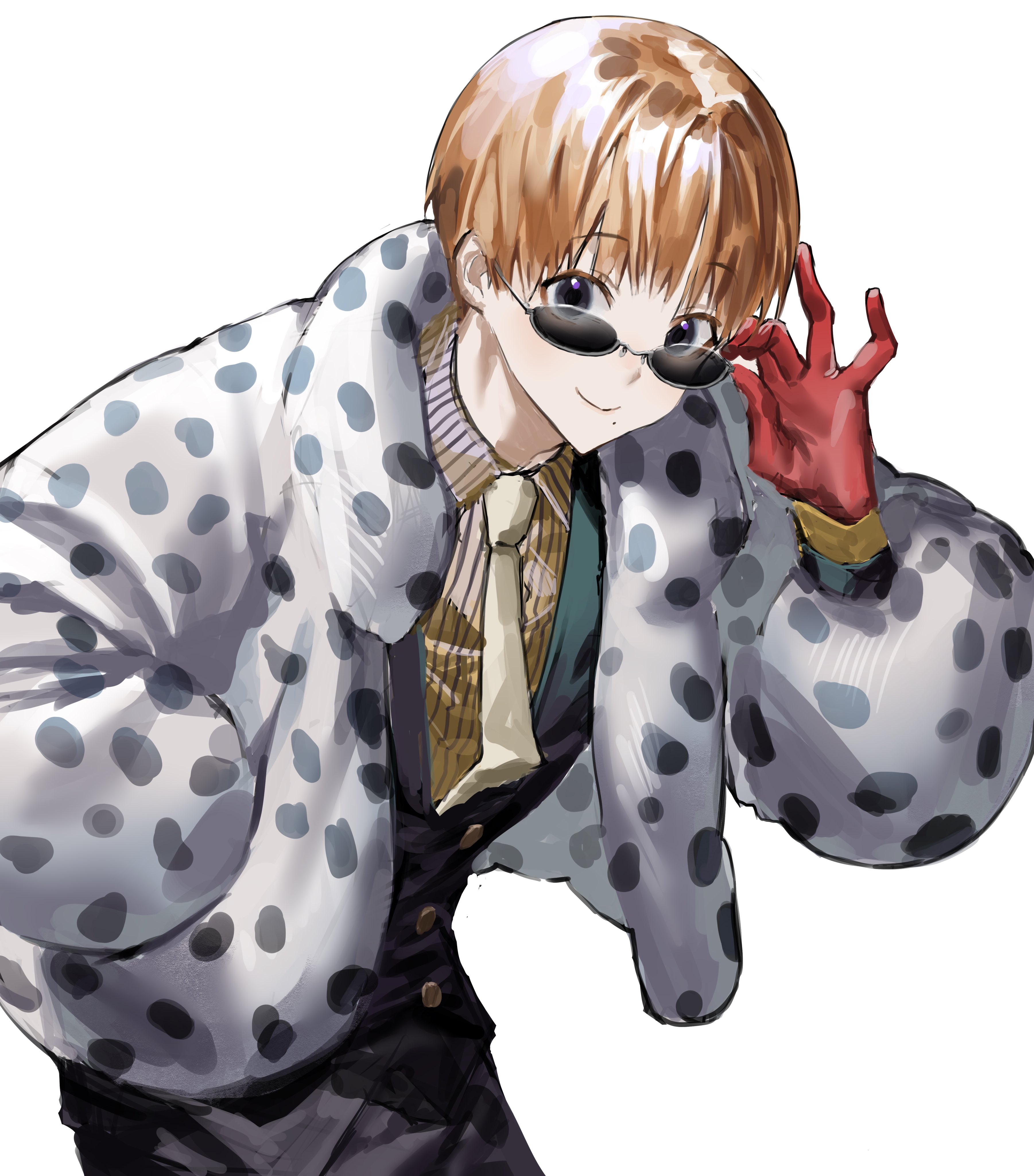 chamuring, nowaki homuramaru, kemono jihen, absurdres, commentary request, highres, korean commentary, 1boy, black eyes, black vest, brown hair, gloves, long sleeves, looking at viewer, looking over eyewear, male focus, mole, mole under mouth, necktie, puffy short sleeves, puffy sleeves, red gloves, short sleeves, simple background, smile, solo, sunglasses, vest, white background, white necktie