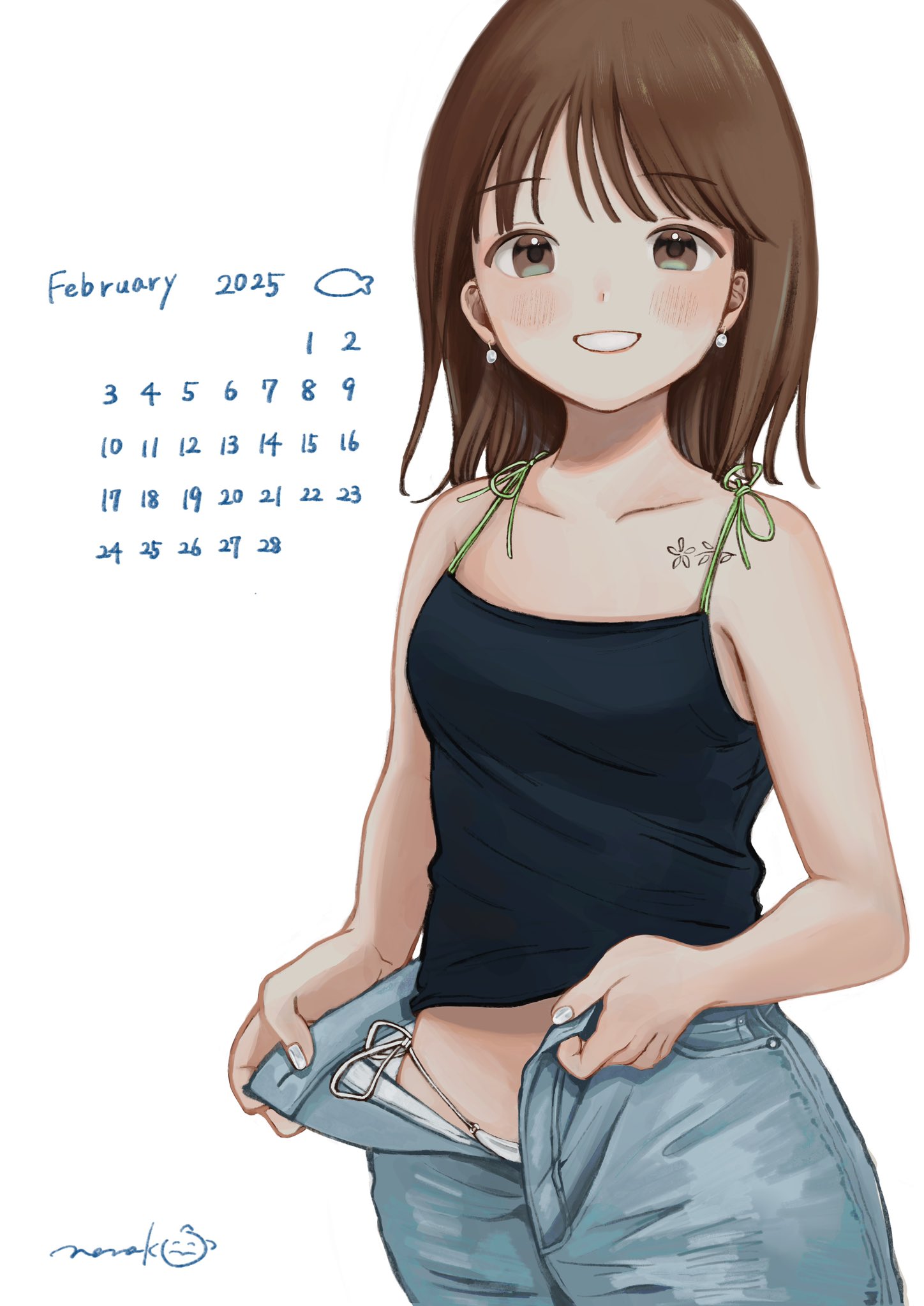 nena labo, original, commentary request, highres, 1girl, black camisole, brown hair, calendar (medium), camisole, chest tattoo, choppy bangs, cowboy shot, denim, earrings, fingernails, flashing, flower tattoo, grin, jewelry, light blush, looking at viewer, medium hair, nail polish, open fly, panties, pearl earrings, side-tie panties, signature, simple background, smile, solo, spaghetti strap, standing, tattoo, underwear, white background, white nails, white panties
