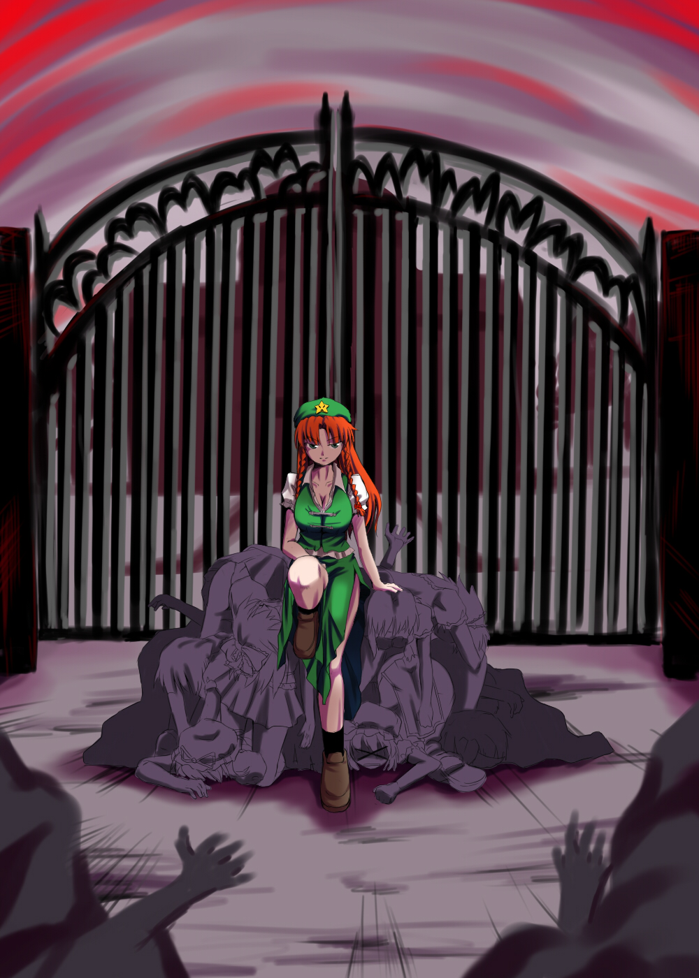 tenkasu (murazaki), tenkasu (pixiv), ex-meiling, hong meiling, embodiment of scarlet devil, touhou, black footwear, brown footwear, green headwear, character request, highres, > <, 6+girls, arm support, blue eyes, braid, breasts, china dress, chinese clothes, cleavage, dress, emphasis lines, facing viewer, female focus, full body, gate, green skirt, hat, knee up, large breasts, long hair, looking at viewer, medium breasts, mob cap, multiple girls, outdoors, partially colored, puffy short sleeves, puffy sleeves, red hair, short sleeves, side braid, side slit, skirt, sky, smile, socks, twin braids